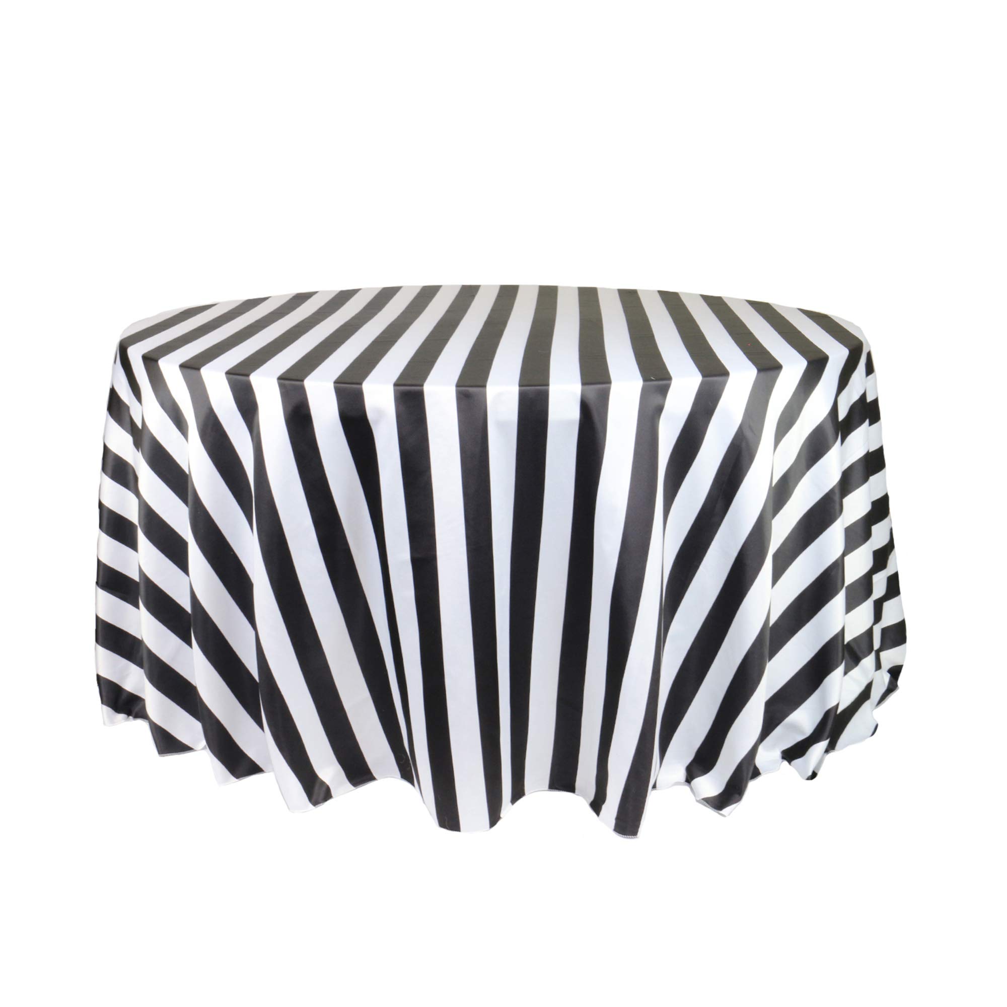 Premium 120-Inch Round L'Amour Wedding Tablecloth - Black & White Striped Banquet Table Cover for 5 ft Round Tables - Perfect for Weddings, Parties, and Formal Events