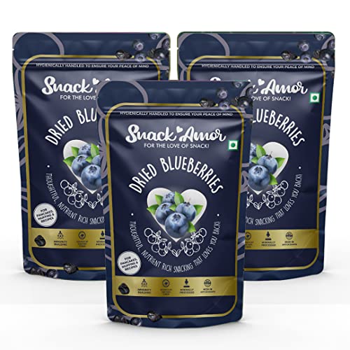 Organic Dried Blueberries - Non-GMO, High in Antioxidants, Ready to Eat Superfood Snack for Healthy Diet, Salads, Yogurt & Baking (Pack of 3) | SnackAmor