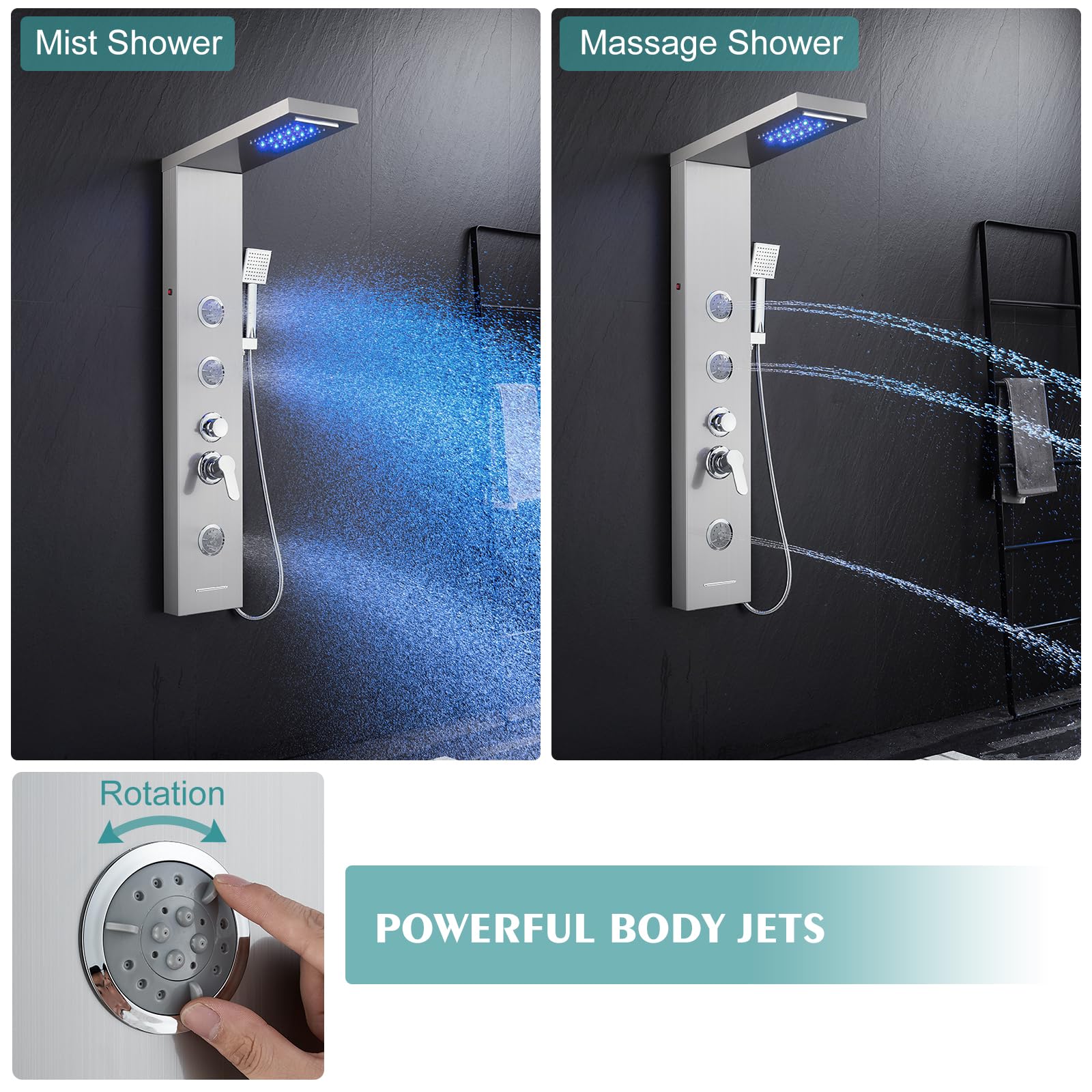 6 in 1 LED Rainfall Shower Panel Tower System with Waterfall Shower Head, 2 Mode Body Jets, Handheld Shower & Tub Spout - Stainless Steel Shower Column with Brushed Finish for Luxurious Bathroom Upgrade & Spa Experience at Home