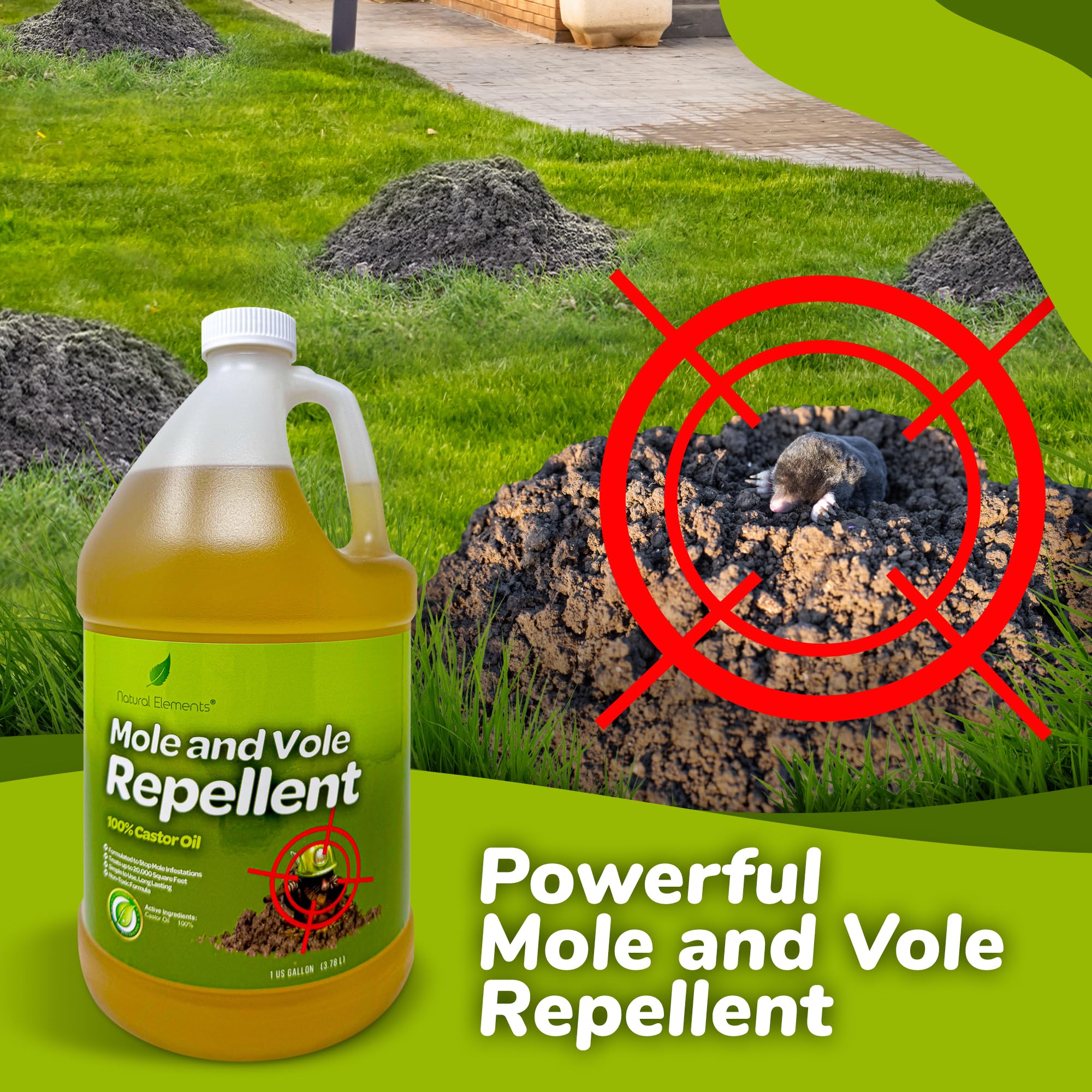 Natural Elements Mole and Vole Repellent - 100% Pure Castor Oil Formula | Safe for Pets & Non-Toxic | 4 Gallon Ready-to-Use Spray | Effective Yard & Garden Protection Against Burrowing Pests | Ideal for Lawns, Flower Beds & Vegetable Gardens