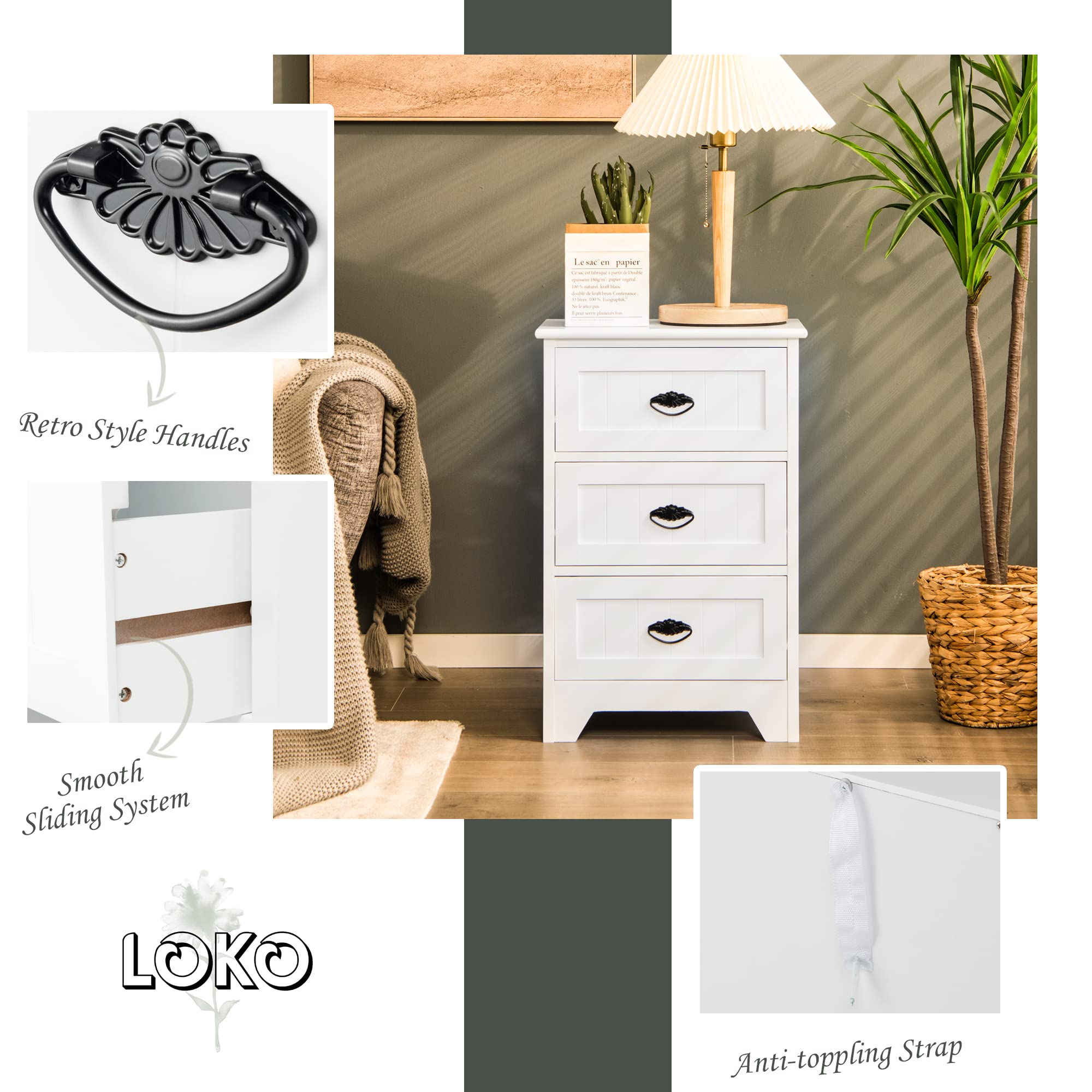Modern White Bathroom Storage Cabinet with 3 Drawers & Anti-Tip Strap - Perfect for Small Spaces & Bathroom Organization