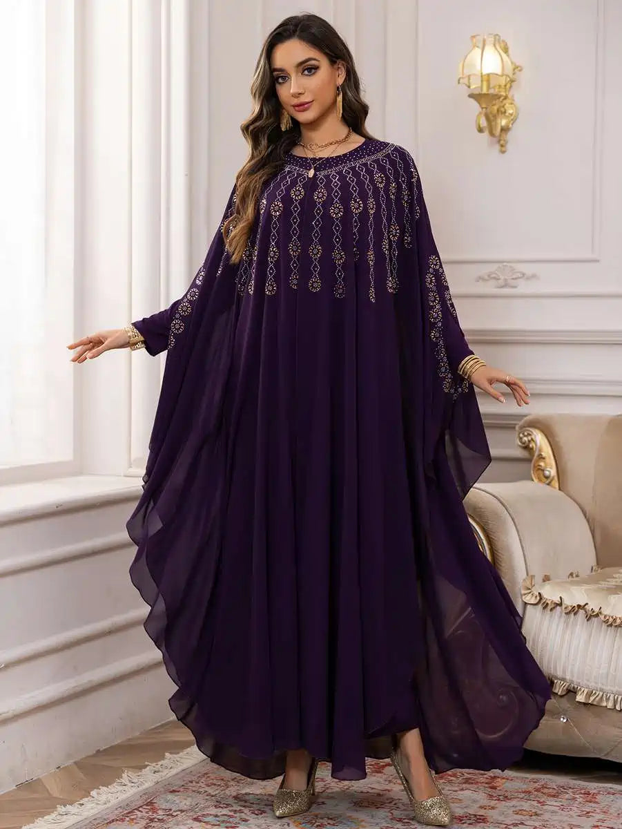 2-Piece Chiffon Caftan Dress Set with Cloak & Inner Dress - Elegant Boho Beach Cover Up for Women, Perfect for Summer Vacations, Pool Parties, and Resort Wear #25448