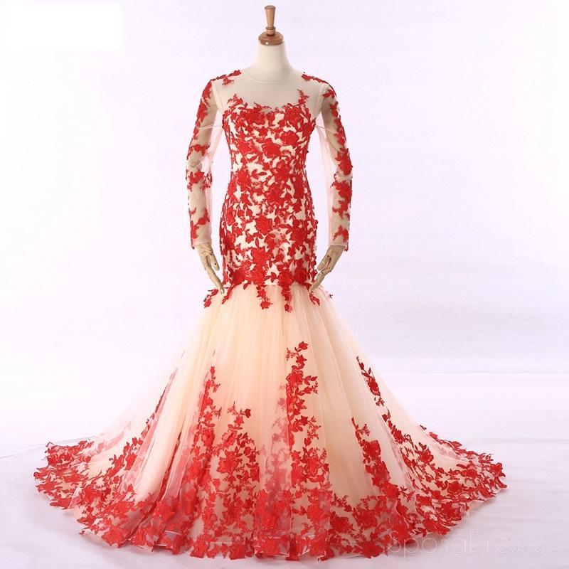 Elegant Long Sleeve Red Lace Mermaid Evening Gown - Custom Sweet 16 Prom Dress for Women | Perfect for Formal Dances, Quinceañeras & Special Occasions