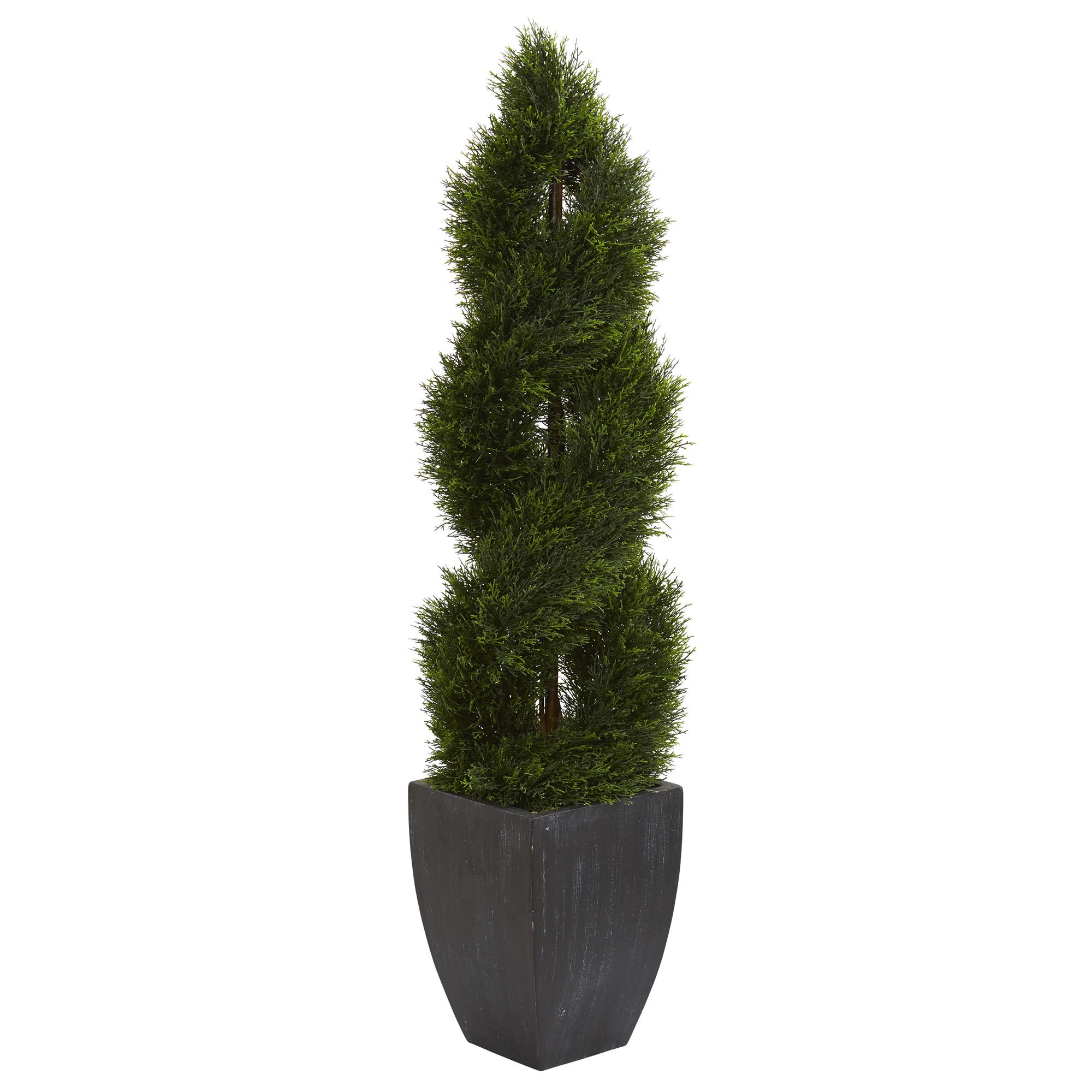 Nearly Natural 5ft Double Pond Cypress Spiral Topiary Artificial UV Resistant Tree in Black Wash Planter - Indoor Outdoor Decor for Patio, Garden, Porch & Entryway