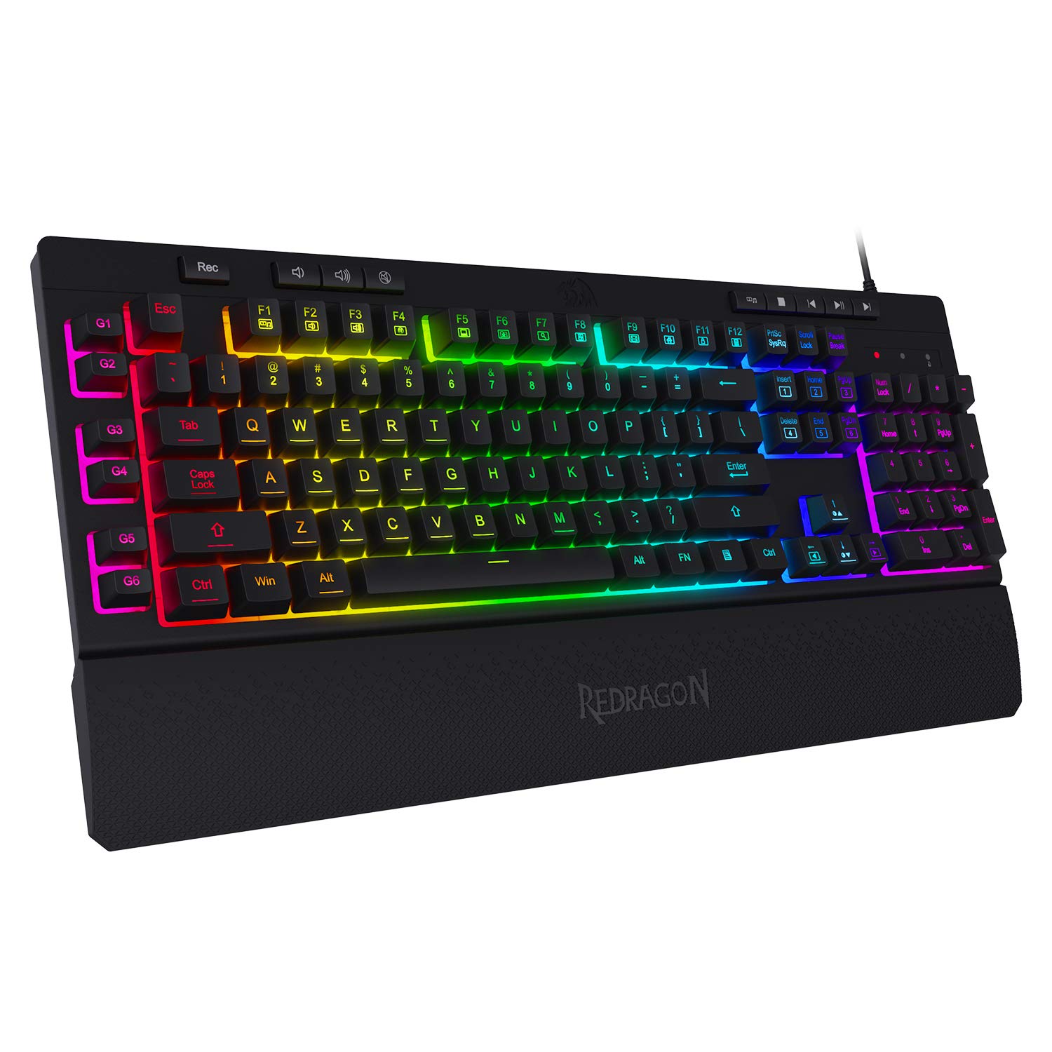 Redragon K512 Shiva RGB Backlit Membrane Gaming Keyboard - Quiet Mechanical Feel, 6 On-Board Macro Keys, Dedicated Media Controls, Detachable Wrist Rest | Perfect for PC Gaming, Office Work & Typing | Black