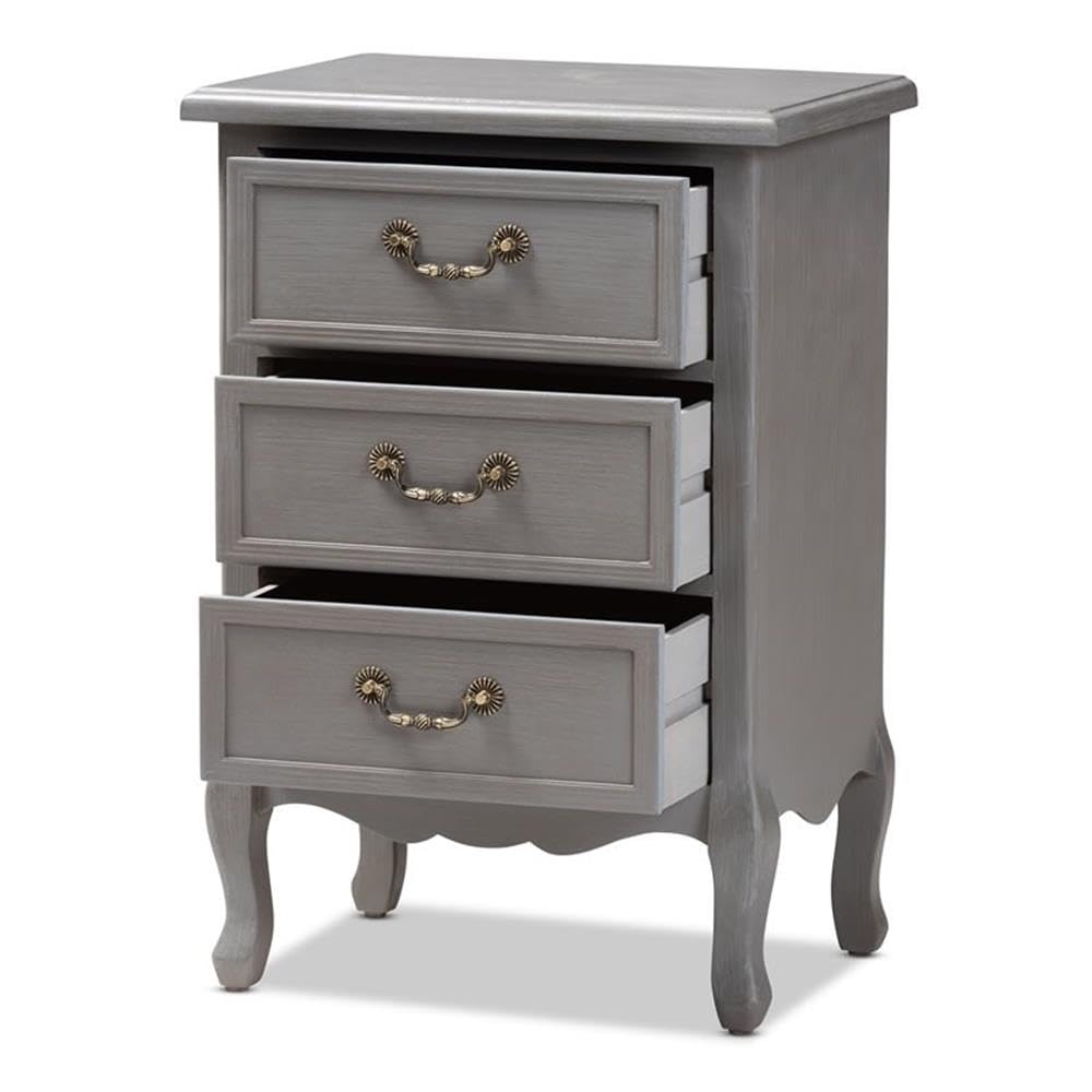 BOWERY HILL French Grey Wood 3-Drawer Nightstand - Modern Bedside Table for Bedroom, Living Room & Guest Room Storage