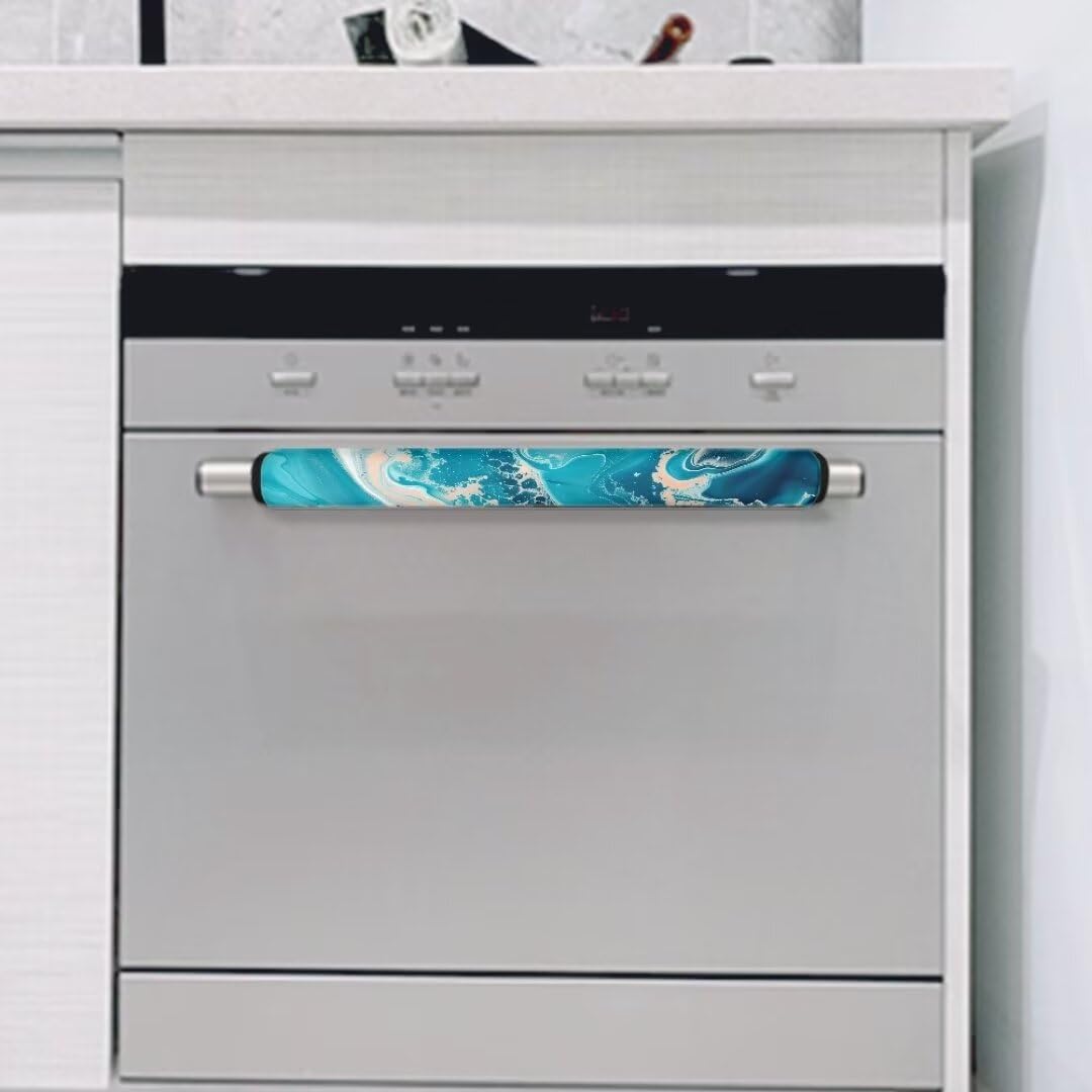 Aqua Marble Print Refrigerator Door Handle Covers - Anti-Skid Kitchen Appliance Protectors for Fridge & Oven - Fingerprint Resistant Decor Gloves (Perfect for Modern Kitchens & Home Organization)