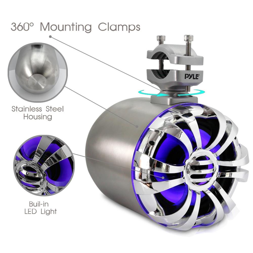 **Pyle PLMRWB50L 5.25 Inch Waterproof Marine Speakers with LED Lights - IP44 Rated Wakeboard Tower & Weatherproof Outdoor Stereo Sound System (Pair, Silver) - Perfect for Boats, Pools, and Outdoor Parties**