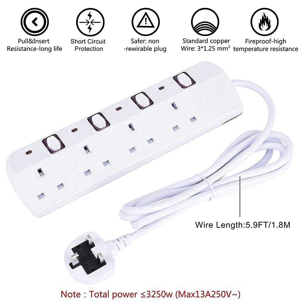 4-Way Extension Lead with 1.8M/5.9FT Cable, Multi Socket Power Strip - White | Mountable for Home, Office & Workshop Use | TISDLIP Plug Extension for Electronics & Appliances