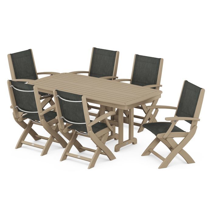 POLYWOOD Coastal Folding Arm Chair 7-Piece Outdoor Dining Set - Perfect for Patio, Deck, Poolside & Beachfront Entertaining