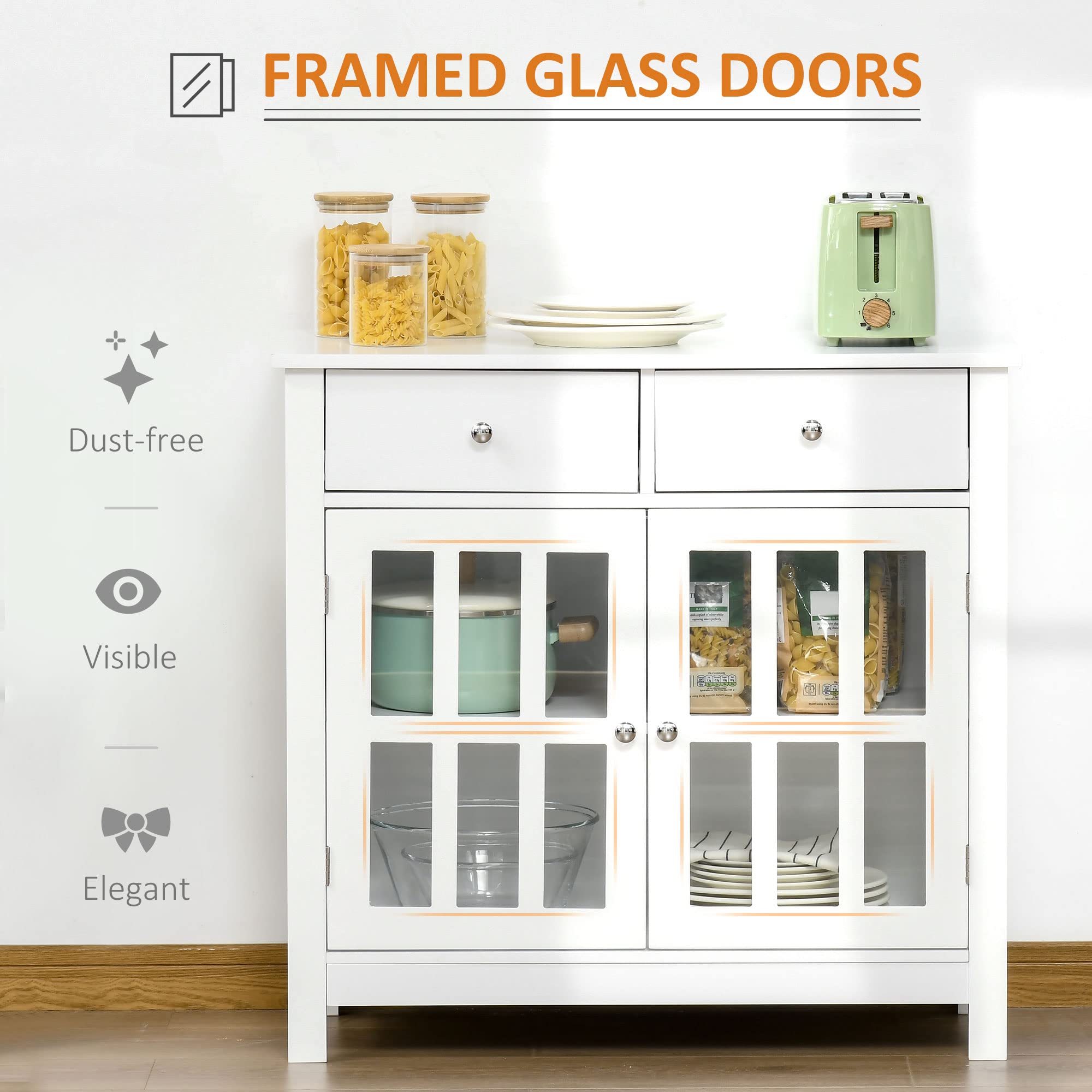 HOMCOM White Sideboard Buffet Cabinet with Glass Doors, Adjustable Shelf & 2 Drawers - Modern Kitchen Storage for Dining Room, Living Room, or Entryway Organization