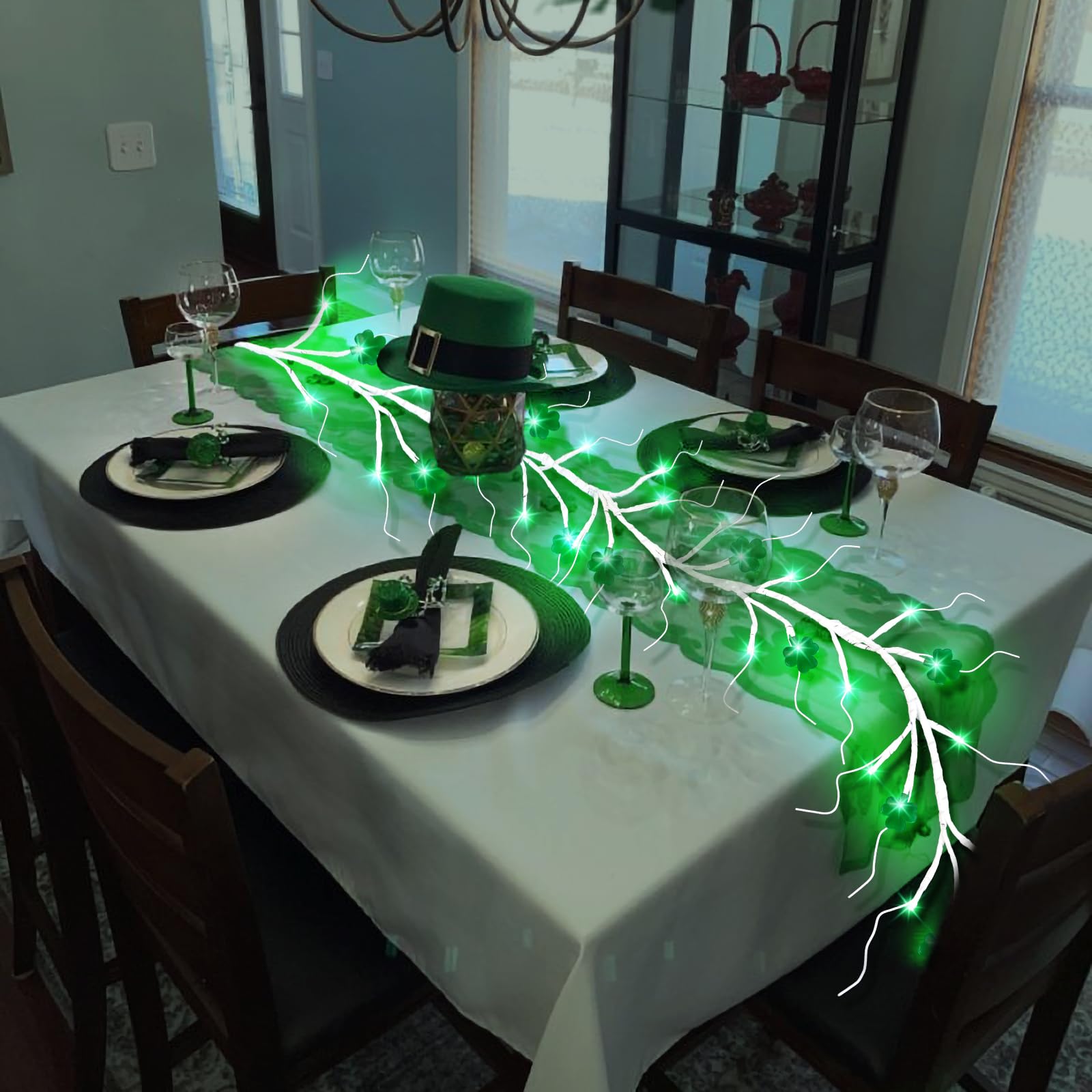 6Ft St. Patrick's Day LED Lighted Birch Garland with 16 Shamrocks - 48 Green Battery Operated Lights with Timer - Irish Holiday Decor for Mantel, Table, Wall - Perfect for St. Patrick's Party & Home Decoration