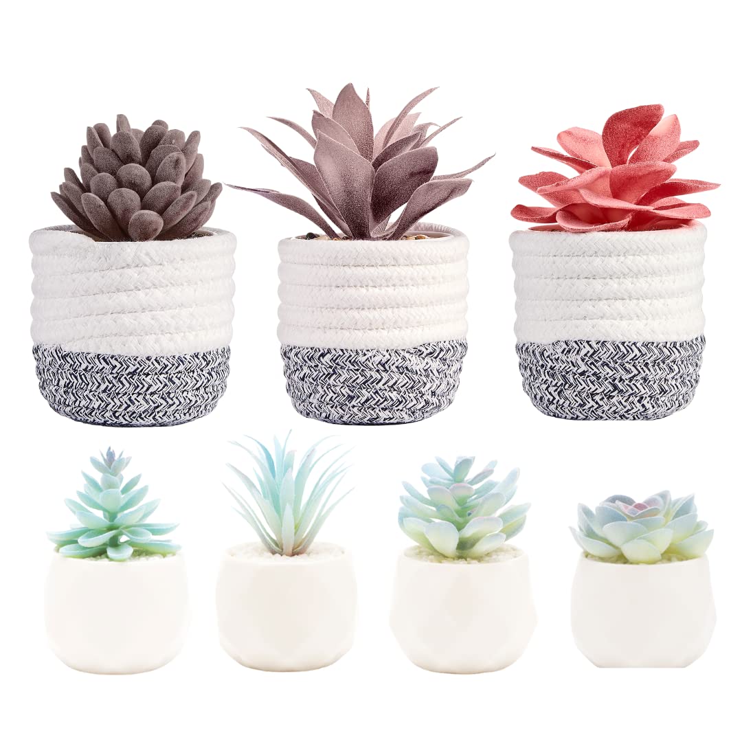 VIVERIE Artificial Succulent Plants in Ceramic Pots - Set of 3 Boho Decor & Set of 4 Blue Fake Succulents for Home Office Desk, Living Room Decor, Housewarming Gifts & Mother's Day Presents