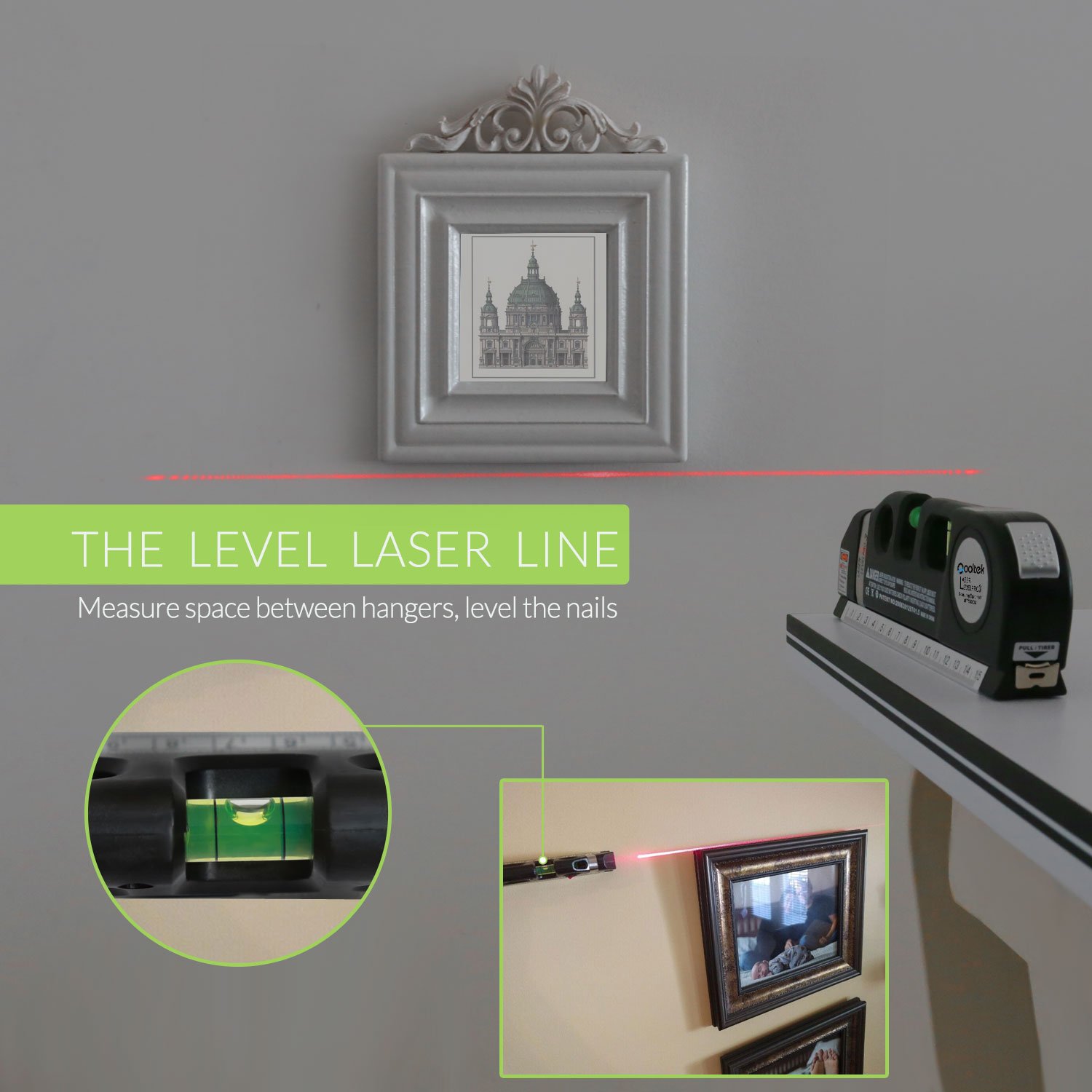 Qooltek Cross Line Laser Level Tool with Metal Tripod & Rechargeable Battery - Multipurpose Laser Level for Picture Hanging, Construction, and DIY Projects (Black) - Perfect for Home Renovation, Wall Alignment, and Tile Installation