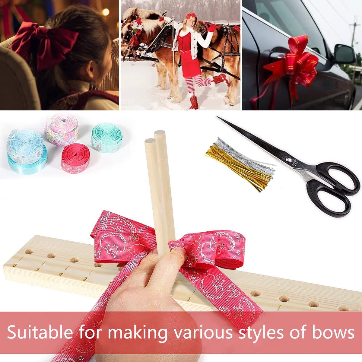 Premium Wooden Bow Maker Tool for DIY Ribbon Wreaths - Extended Bow Making Kit with Twist Ties for Hair Bows, Corsages, Holiday Decorations & Craft Projects - Perfect for Christmas Wreaths, Wedding Decor, Gift Wrapping & Party Arrangements