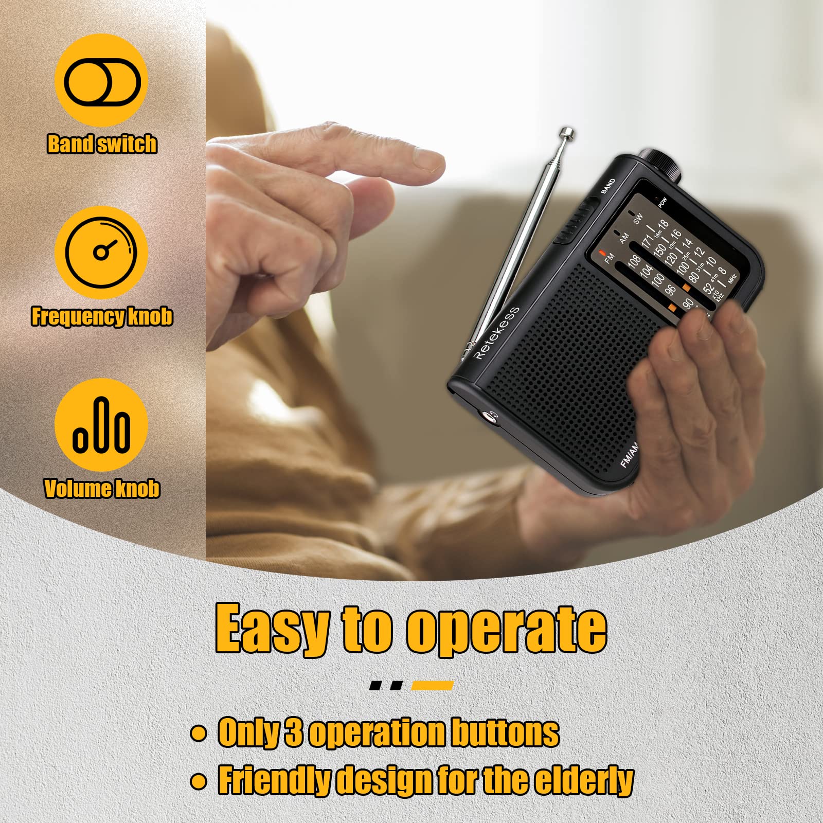 Retekess V117 Portable AM FM Shortwave Radio with Clear Dial & Best Reception - Transistor Radio for Seniors, Outdoor, Emergency, Travel (Black)