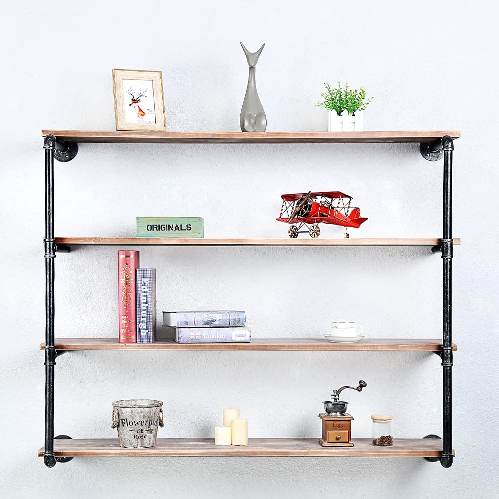 Industrial Pipe Floating Shelves - 4 Tier 48in Rustic Wood & Metal Wall Mounted Bookshelf for Home, Office, Bar | Perfect for Living Room Decor, Kitchen Storage & Displaying Books