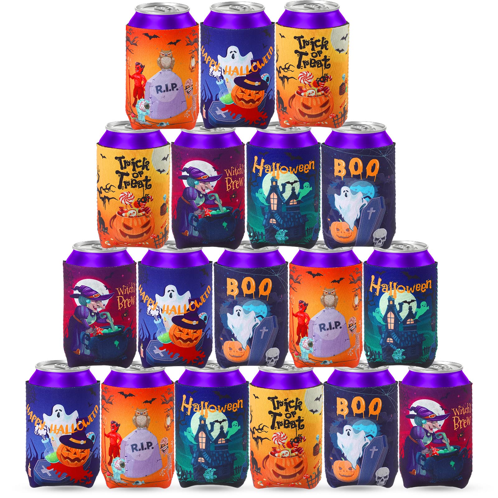 18 Pack Halloween Can Cooler Sleeves - Witch, Pumpkin, Bat, Skull Design - Insulated Beer Bottle Sleeves for Halloween Party Decorations and Outdoor Gatherings