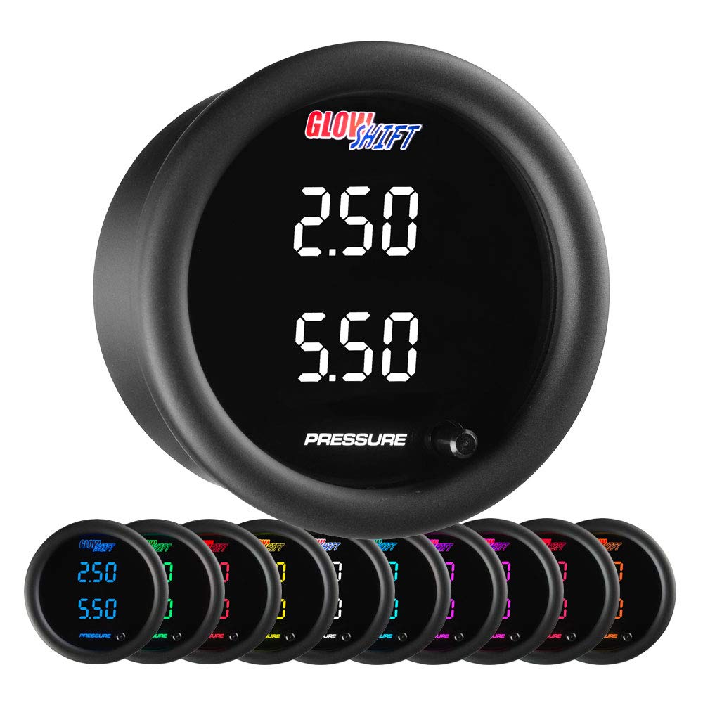 GlowShift 10 Color Digital Dual BAR Pressure Gauge Kit - Boost, Oil, Fuel Pressure Monitoring - Includes Electronic Sensors & 2 Multi-Color LED Displays - 2-1/16