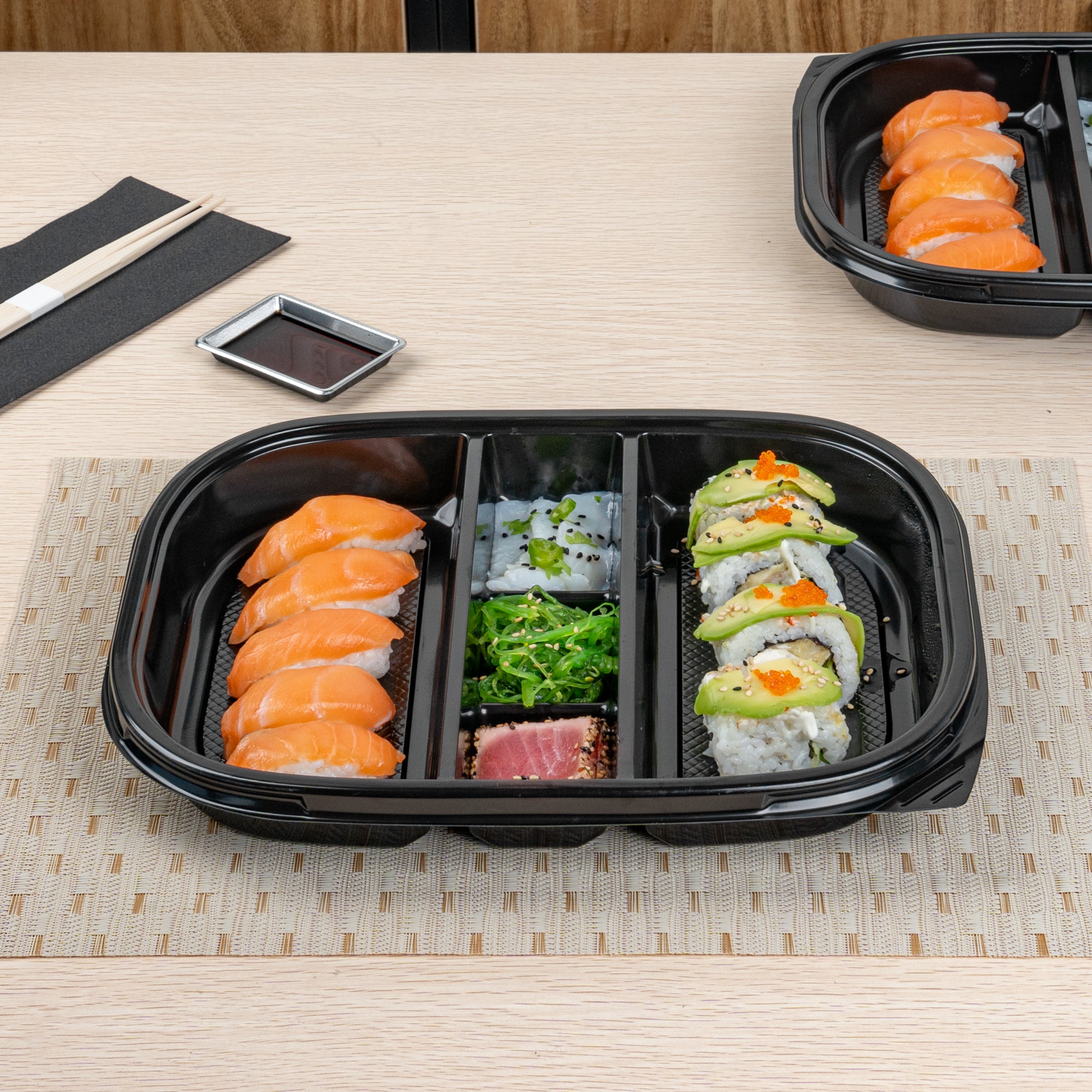 Bento Tek 51 oz Black Plastic Bento Box with 5 Compartments | 12.25