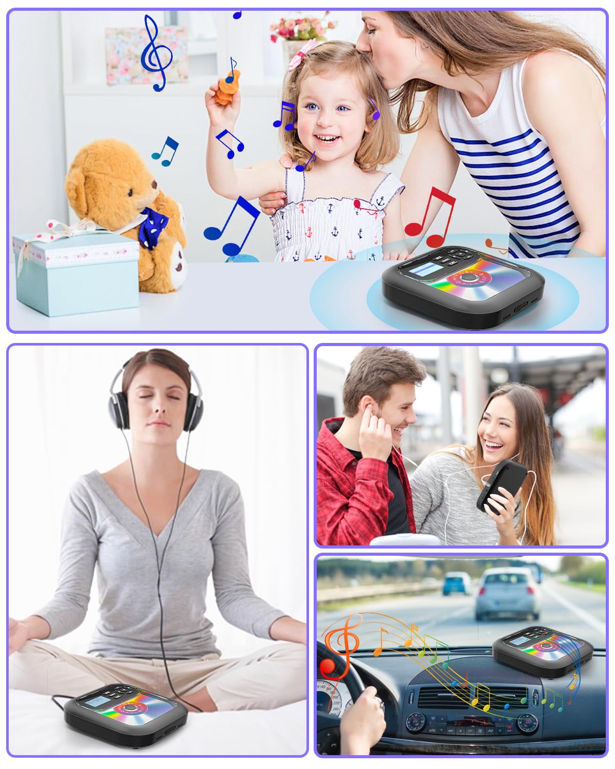 Portable Bluetooth CD Player with Built-in Speakers, Rechargeable Battery, FM Radio & AUX Input - Supports Headphones for Home, Car and Travel Use
