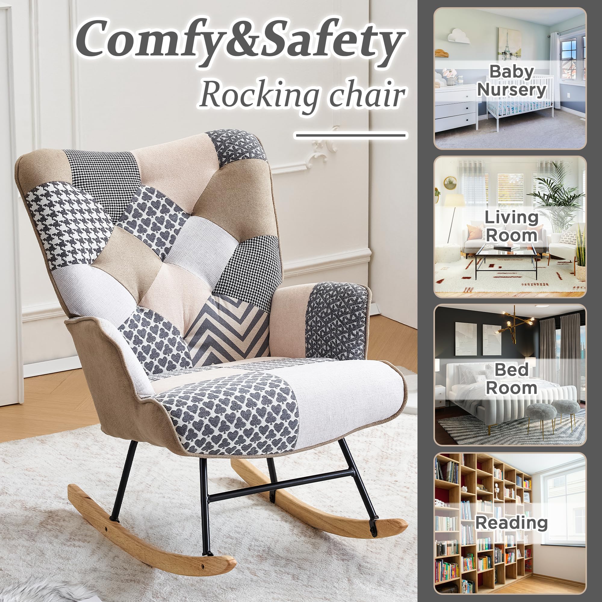 Comfortable High Back Glider Rocking Chair with Wooden Legs - Nursery, Living Room & Bedroom Accent Chair - Perfect for Nursing, Reading & Relaxing (Gray)