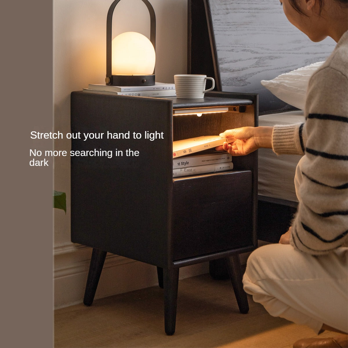 Solid Oak Wood Ultra Narrow Nightstand with Soft Light Sensor - Perfect for Small Bedrooms, Apartments, and Cozy Spaces