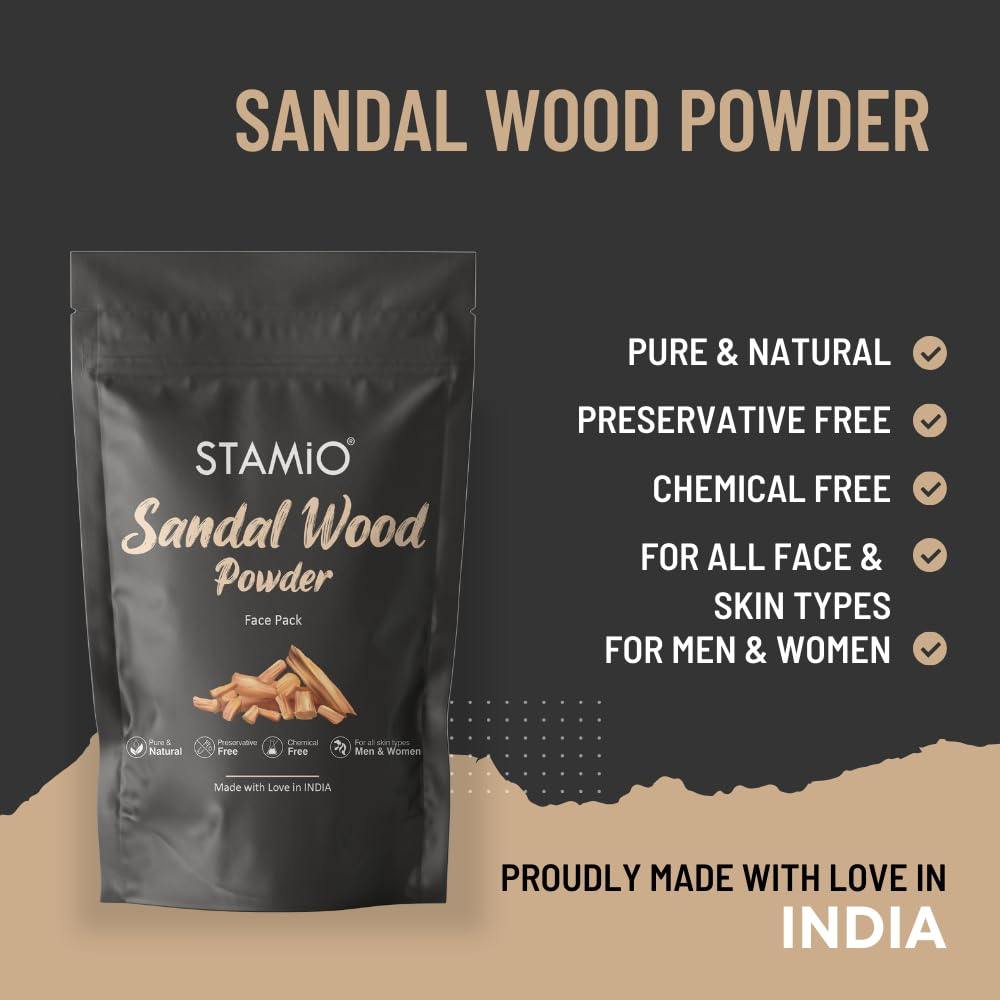 STAMIO Sandalwood Face Pack Powder 250gm for Sun Tan Removal, Glowing Skin, Acne Treatment & Dark Spot Reduction | Natural Santalum Album Chandan Mask for Face & Body | 8.82oz Pouch | Perfect for Daily Skincare & Spa Treatments