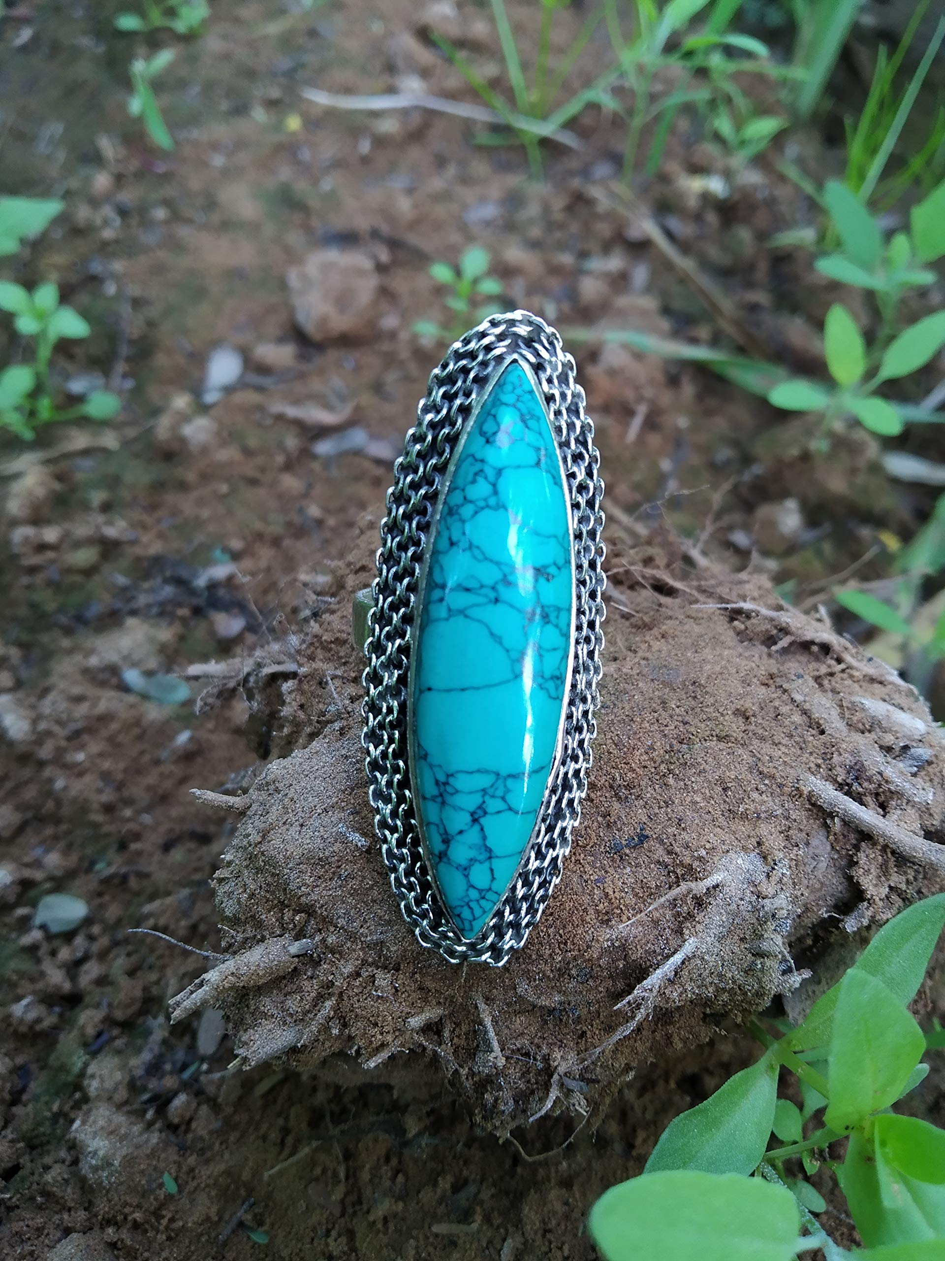 Turquoise Statement Ring - Sterling Silver Bohemian Jewelry with Marquise Gemstone, Vintage Style Long Ring for Women | Perfect Bridal Gift, Promise Ring & Full Finger Ring for Boho Fashion & Special Occasions