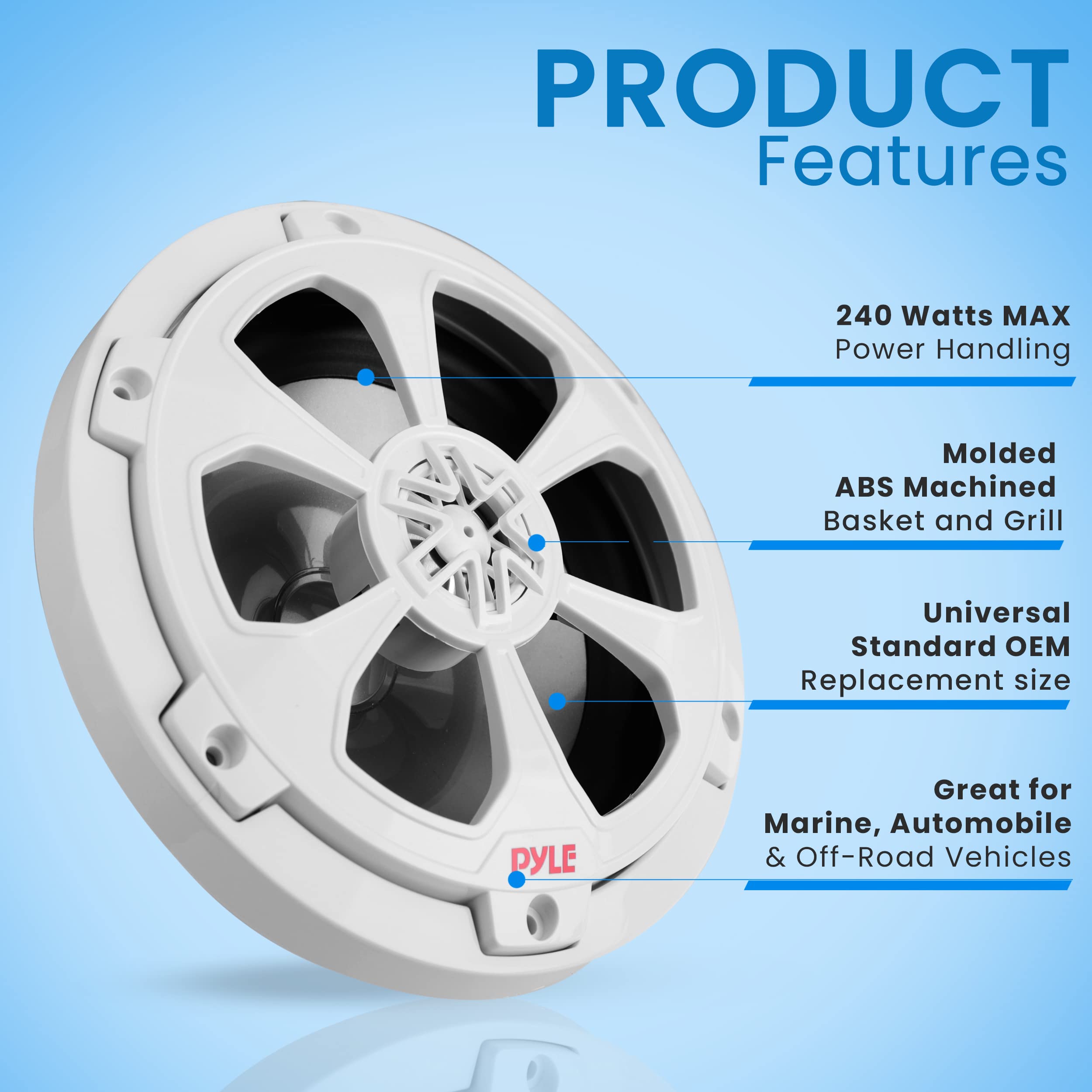 Pyle 6.5 Inch 240W Waterproof Marine Speakers with Detachable Tweeters - IP-X5 Rated, Butyl Surround, Surface Mount, Includes Wires & Screws (4 Ohm) - Perfect for Boats, RVs & Outdoor Audio Systems