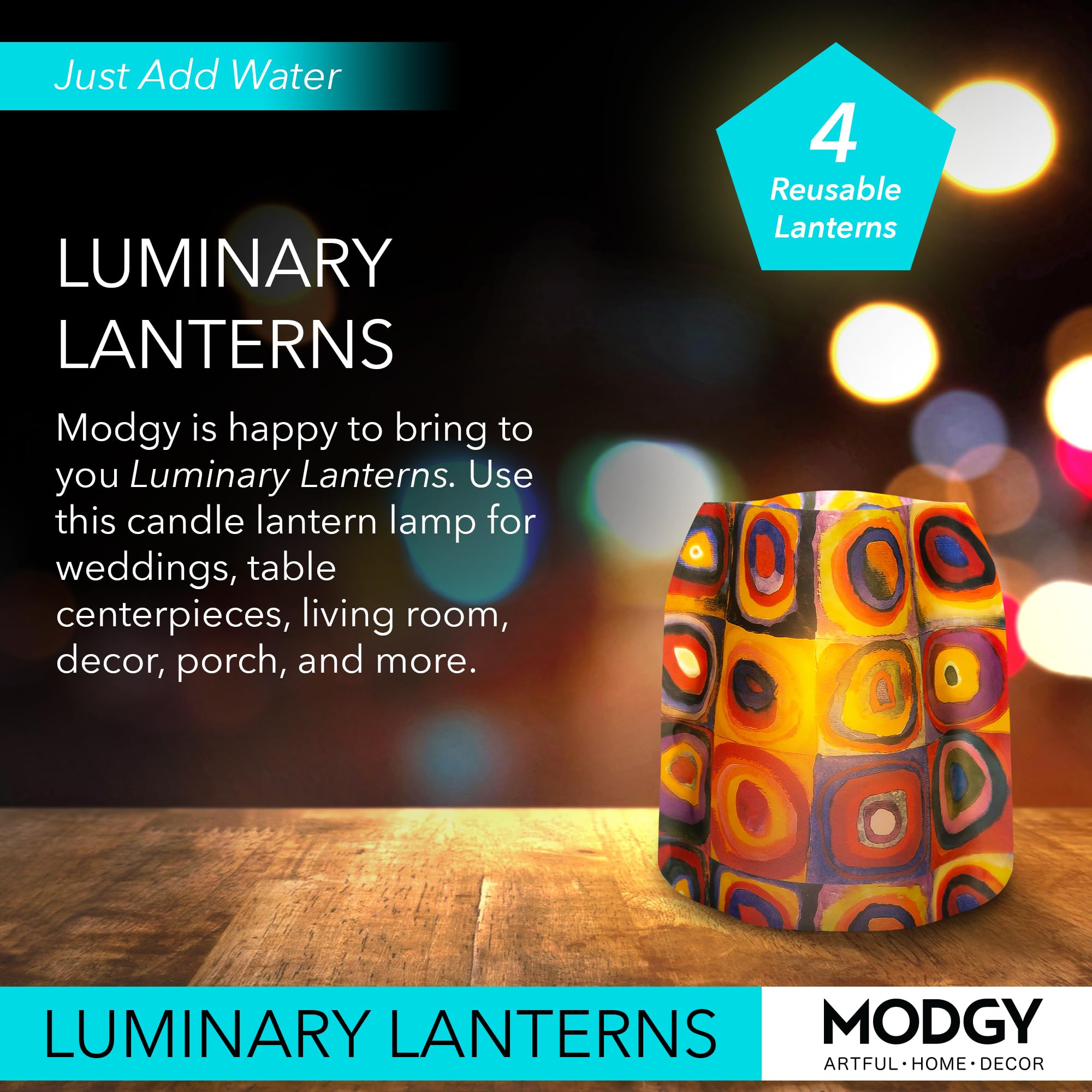 MODGY Luminary Lanterns 4-Pack - Waterproof Floating LED Candles with Timer & Remote - Battery Included Wedding Decor, Party Lights, Outdoor Patio Lighting - Perfect for Pool Parties, Garden Decor & Romantic Dinners (Kandinsky Circles Design)