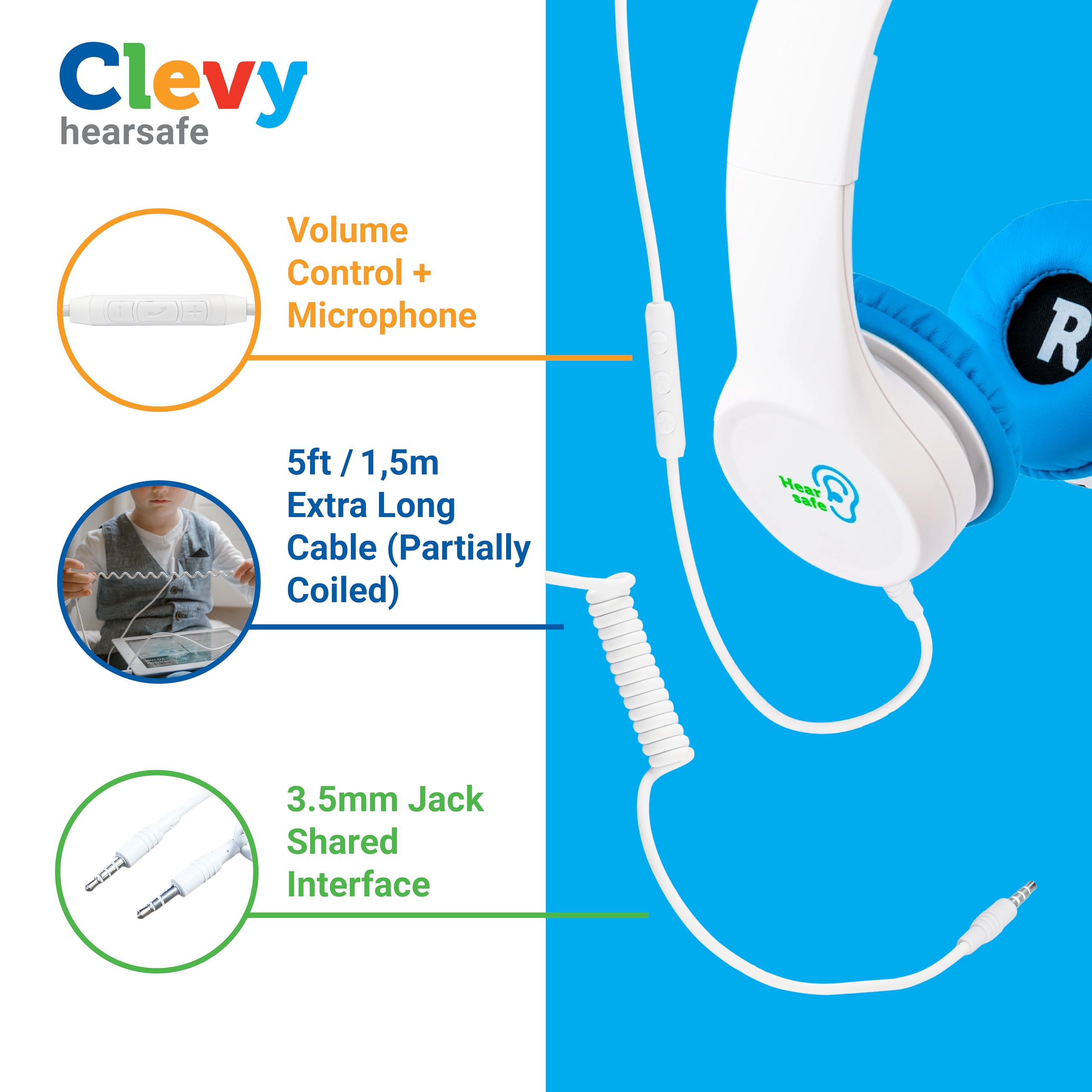 Clevy Kids Headphones Over-Ear with 85dB Volume Limit - 3.5mm Wired Headphones for School, iPad, Computer - HD Mic & 5ft Tangle-Free Cord - Foldable Design with Durable Carrying Case for Boys & Girls - Perfect for Online Classes, Travel, and Home Learning