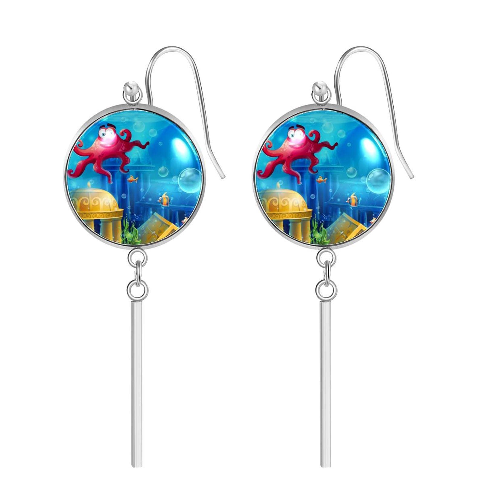 Stylish Cartoon Cat Stainless Steel Dangle Hoop Earrings for Women & Girls - Trendy Vertical Bar with Round Glass Accents | Perfect Fashion Jewelry Gift for Parties, Dating & Everyday Wear