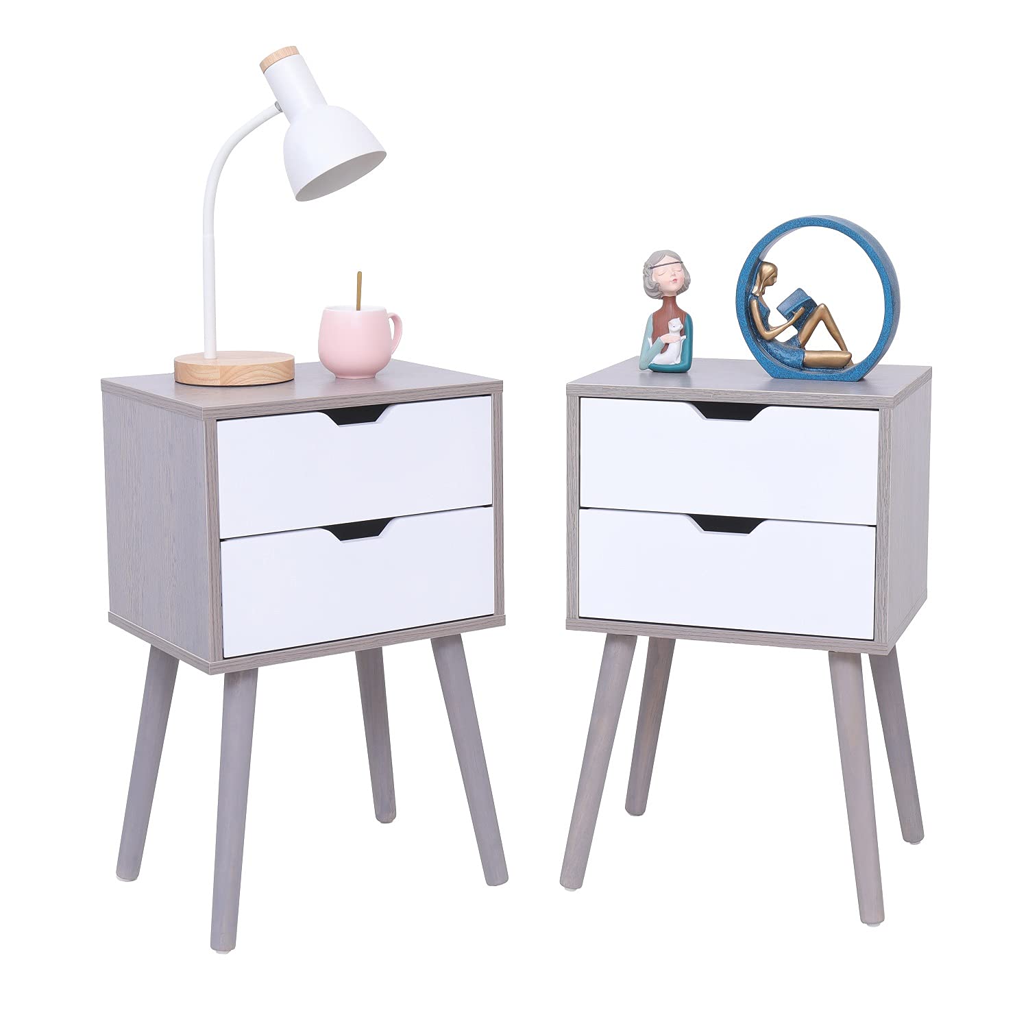Modern Nightstand Set of 2 - Mid-Century Bedside Tables with 2 Drawers & Solid Wood Legs, Storage Cabinet for Bedroom & Living Room Furniture (Grey) - Perfect for Small Spaces, Guest Rooms & Apartment Decor