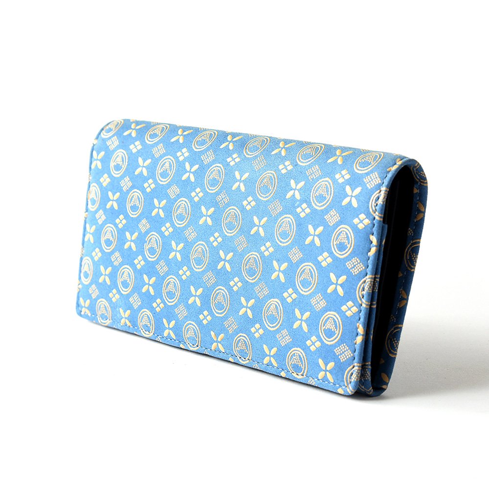 Premium Japanese Deerskin Leather Long Wallet with Urushi Lacquer & Mt. Fuji Pattern - Light Blue - Handmade in Japan - Luxury Bifold Wallet for Men - Perfect Gift for Business Professionals & Travelers