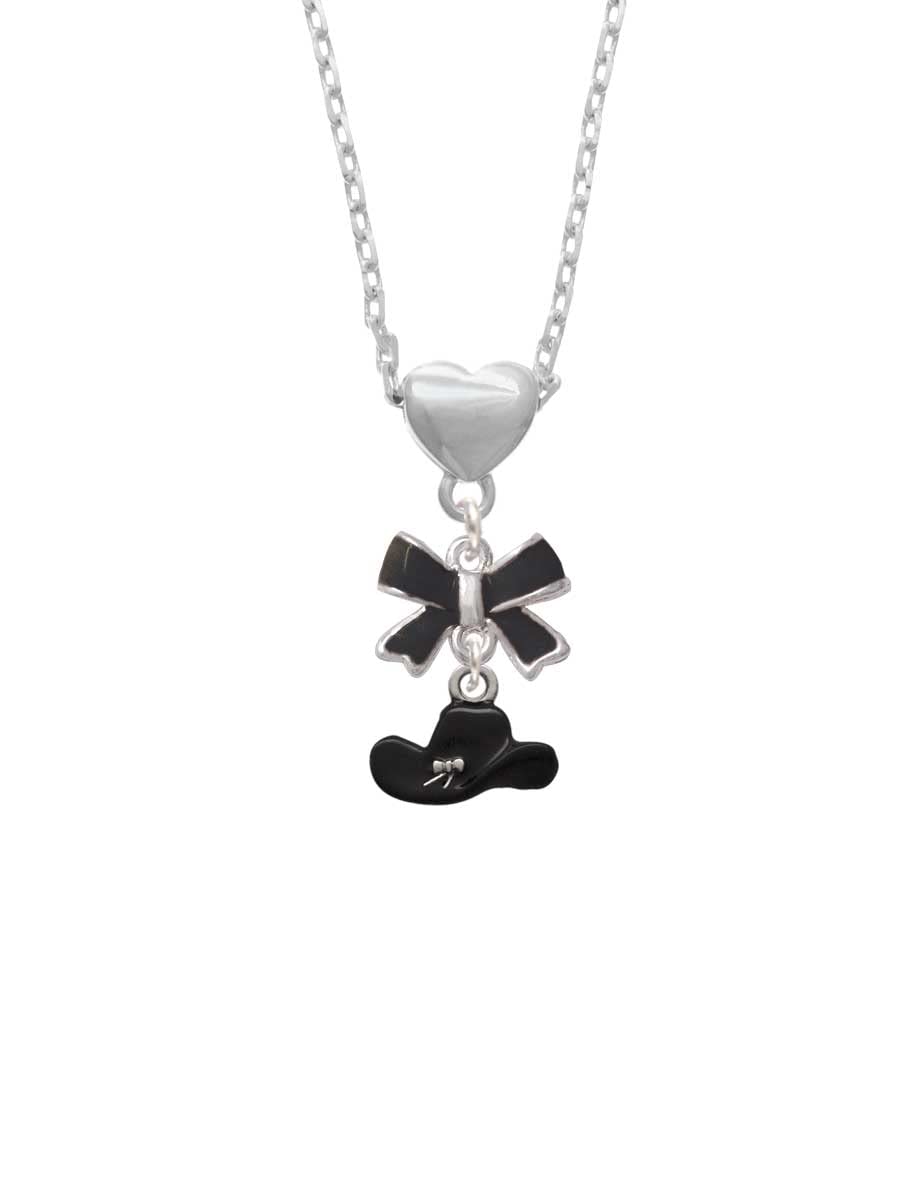 Stylish Silvertone Enamel Cowboy Hat & Bow Heart Pendant Necklace for Women - 18+2 Inch Adjustable Chain - Perfect for Western Fashion, Country Concerts & Cowgirl Outfits