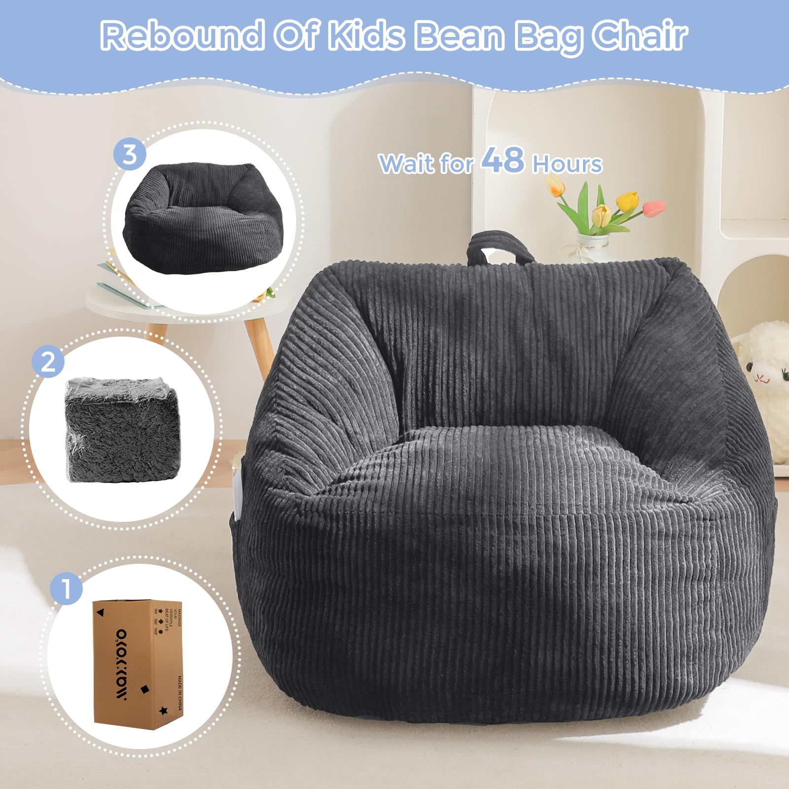 MAXYOYO Kids Bean Bag Chair - Corduroy Gaming & Reading Lounge Chair with Handle & Storage Pocket for Boys & Girls, Dark Grey - Perfect for Bedrooms, Playrooms & Dorm Relaxation