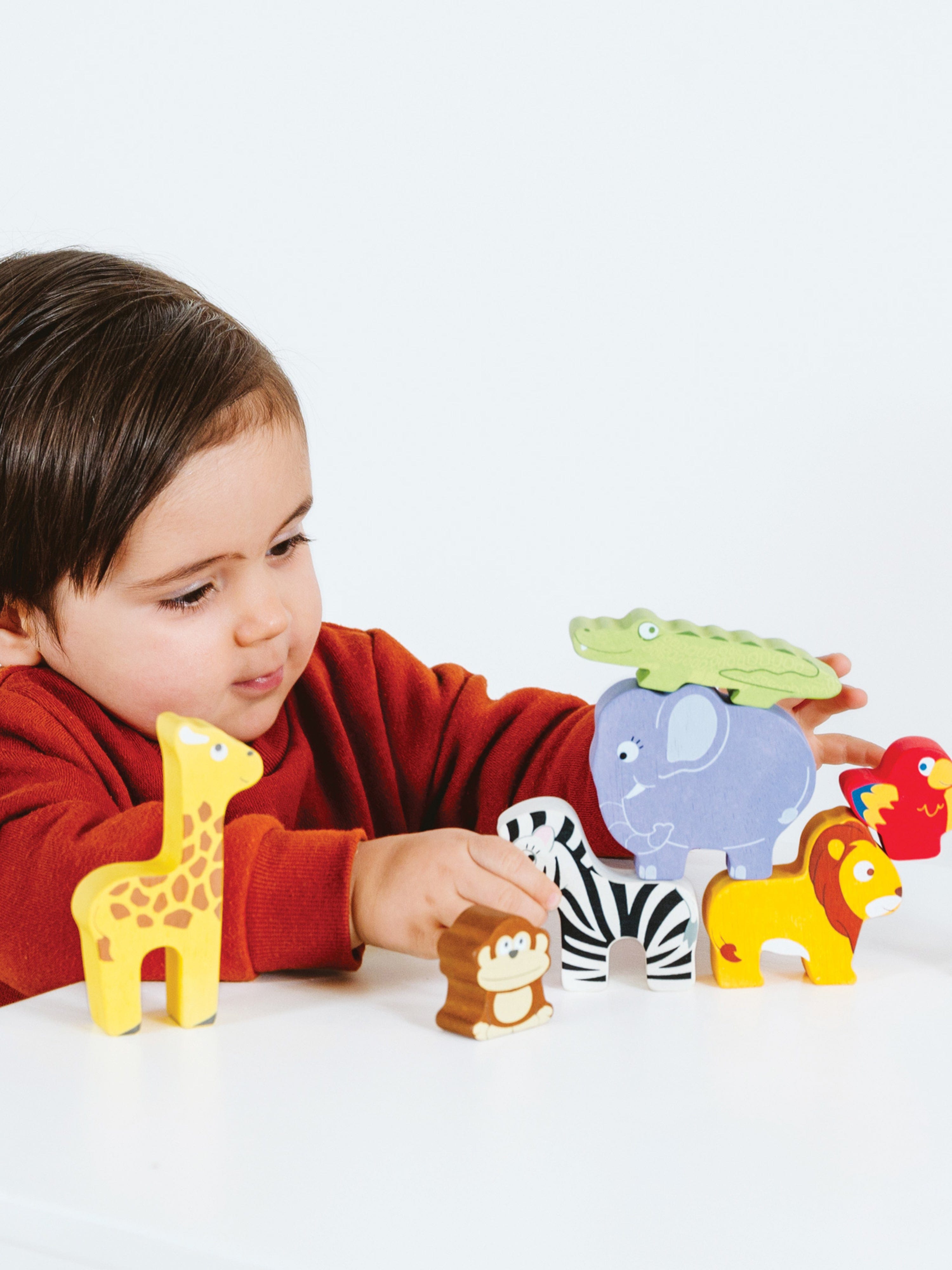 Africa Stacking Animals Toy Set with Storage Bag - 10 Piece Wooden Animal Figures (7x2x6cm) for Kids Learning & Play - Perfect for Montessori, Nursery Decor, and Educational Gifts