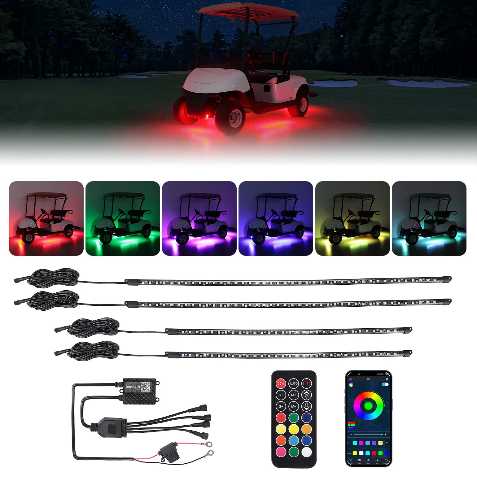 KEMIMOTO 4PCS Golf Cart Underglow LED Strip Lights Kit - 12V Waterproof RGB Lighting for EZGO, Yamaha Drive2, ICON & Kandi - 300 ARGB Modes with Music Sync & APP/RF Control - Perfect for Night Golfing, Cart Shows & Off-Road Adventures