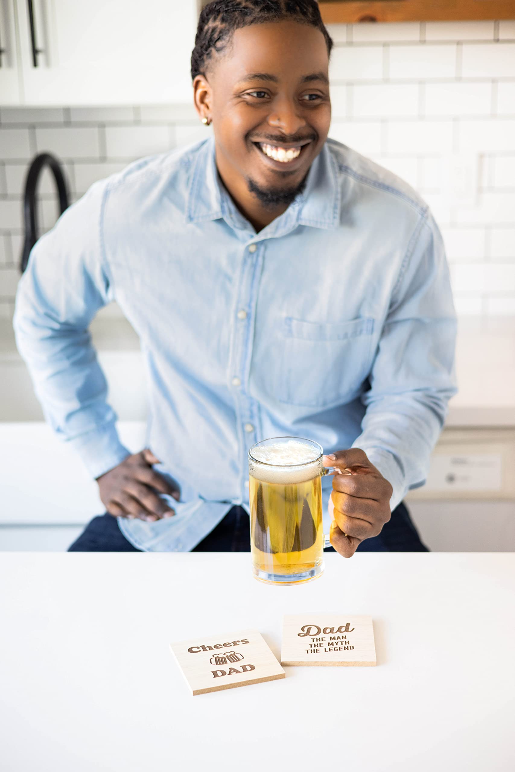 Pearhead Fatherhood Wooden Coaster Set - New Dad & Soon-to-Be Father Gift, Home Décor & Kitchen Accessory, Set of 2 - Perfect for Father's Day, Baby Shower & Home Bar Use