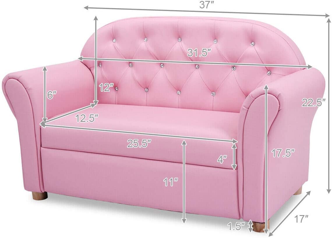 Fireflowery 37-inch Kids Sofa - Sturdy Wood Frame & PU Leather Upholstered Play Couch with Double Foam Padding - Toddler Lounge Chair for Preschool Girls (Pink) - Perfect for Playrooms, Bedrooms & Daycare Centers
