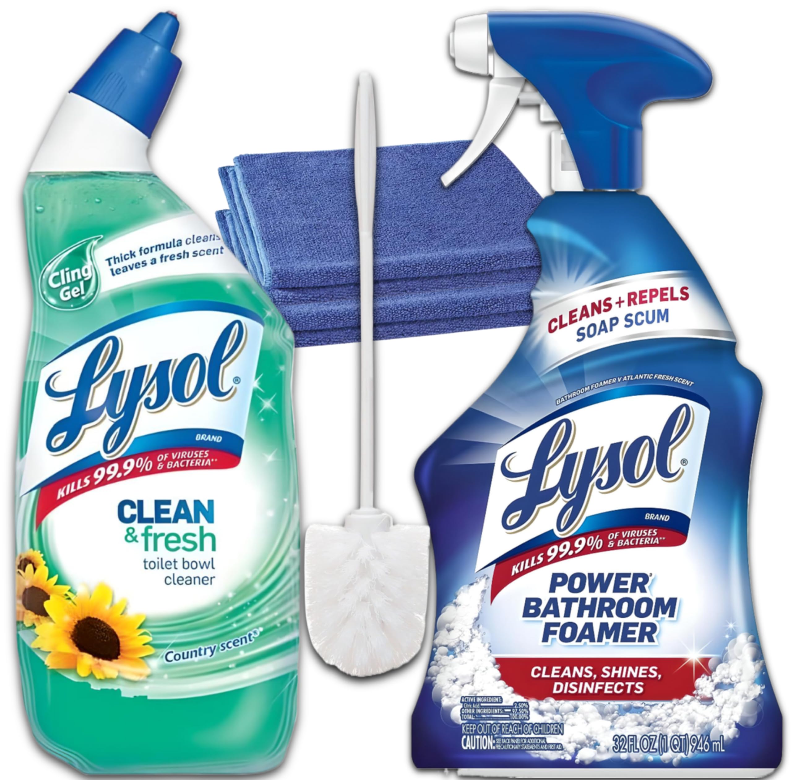Lysol Power Bathroom Foamer 32oz & Toilet Cleaner 24oz Bundle with Toilet Brush & 2 Microfiber Cloths | Island Breeze & Country Scent | Complete Bathroom Cleaning Kit for Home, Hotel, and Office Use