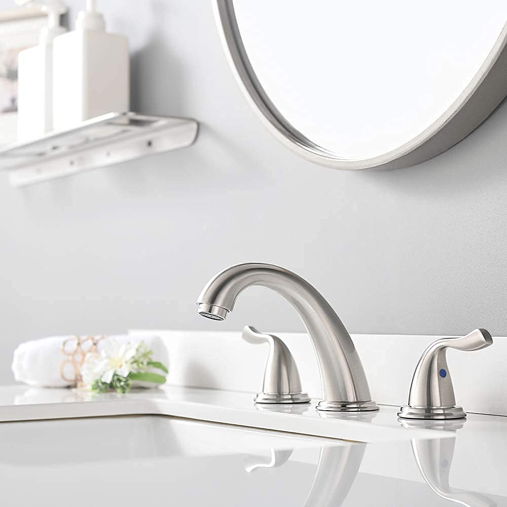 Premium Solid Brass Brushed Nickel 2-Handle Widespread Bathroom Sink Faucet with Stainless Steel Pop-Up Drain - Modern Waterfall Design for Vanity & Powder Room - Perfect for Master Bath, Guest Bath & Luxury Home Renovations