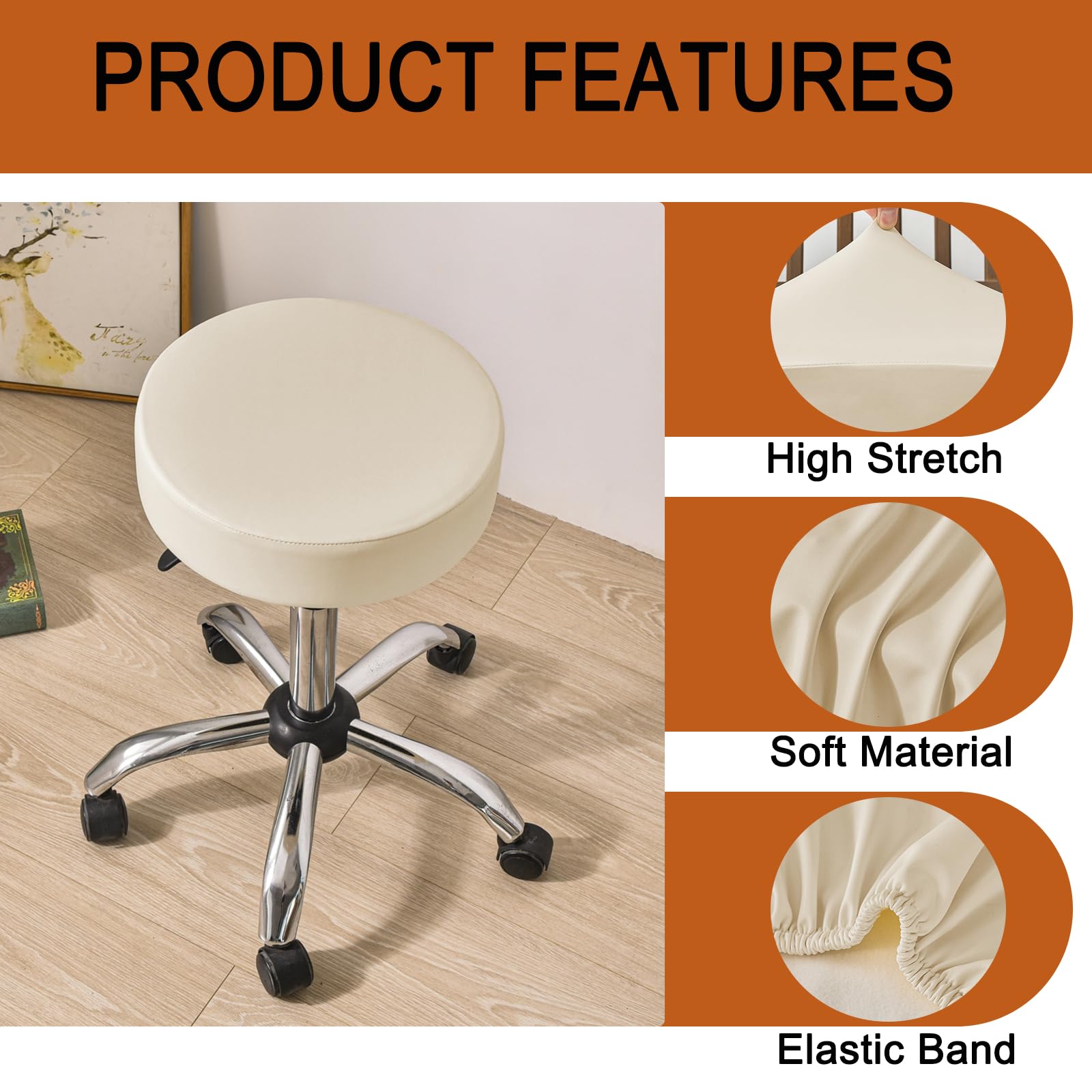 HAOYONG Waterproof Round Bar Stool Covers Set of 2 - Stretch PU Leather Seat Cushion Covers with Non-Slip Bottom for Kitchen, Dining Room & Pub (Beige) | Perfect for Home Decor, Restaurant Seating & Bar Counter Protection
