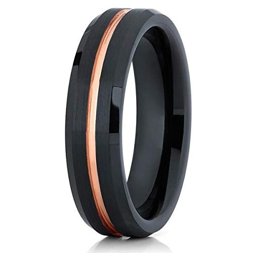 Rose Gold Tungsten Wedding Band - 18k Rose Gold Plated 6mm Comfort Fit Ring for Men & Women - Anniversary & Engagement Ring - Durable Black Tungsten Ring for Everyday Wear & Special Occasions