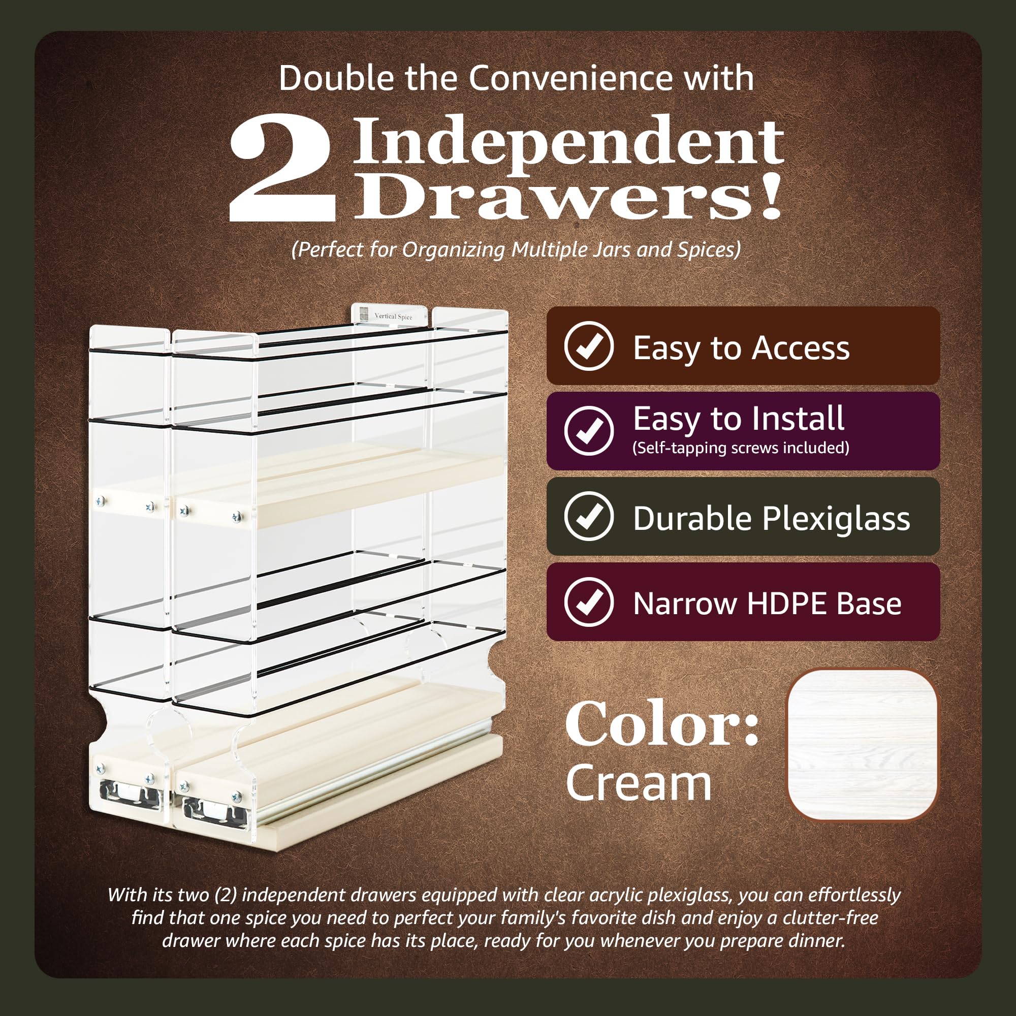 Vertical Spice Rack Organizer - Slim Pull-Out Drawer for Kitchen & Pantry Storage - 2-Tier Design Holds 10 Spice Jars (4.6