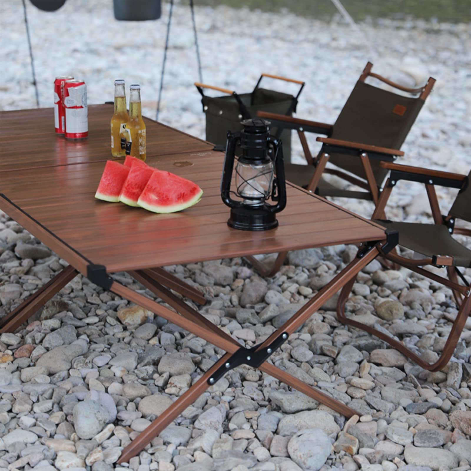 Portable Aluminum Folding Camping Table - Lightweight Roll-Up Picnic Table with Wood Grain Finish, Stable Outdoor Furniture for BBQ, Backyard Parties, Beach Trips & Tailgating (Black, Large 103cm) - Perfect for Camping, Hiking, Picnics & Outdoor Adventures