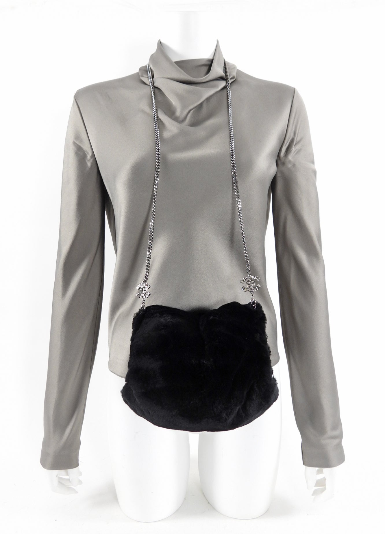 Chanel Black Fur Muff with Crystal CC Chain - Luxury Winter Hand Warmer for Women, Perfect for Cold Weather & Fashion Accessories
