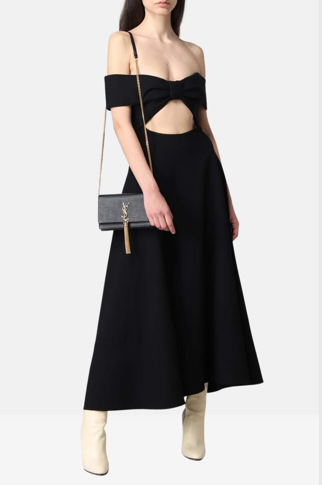 Saint Laurent Cutout Off Shoulder Midi Dress - Women's Elegant Party & Evening Gown for Date Night & Special Occasions