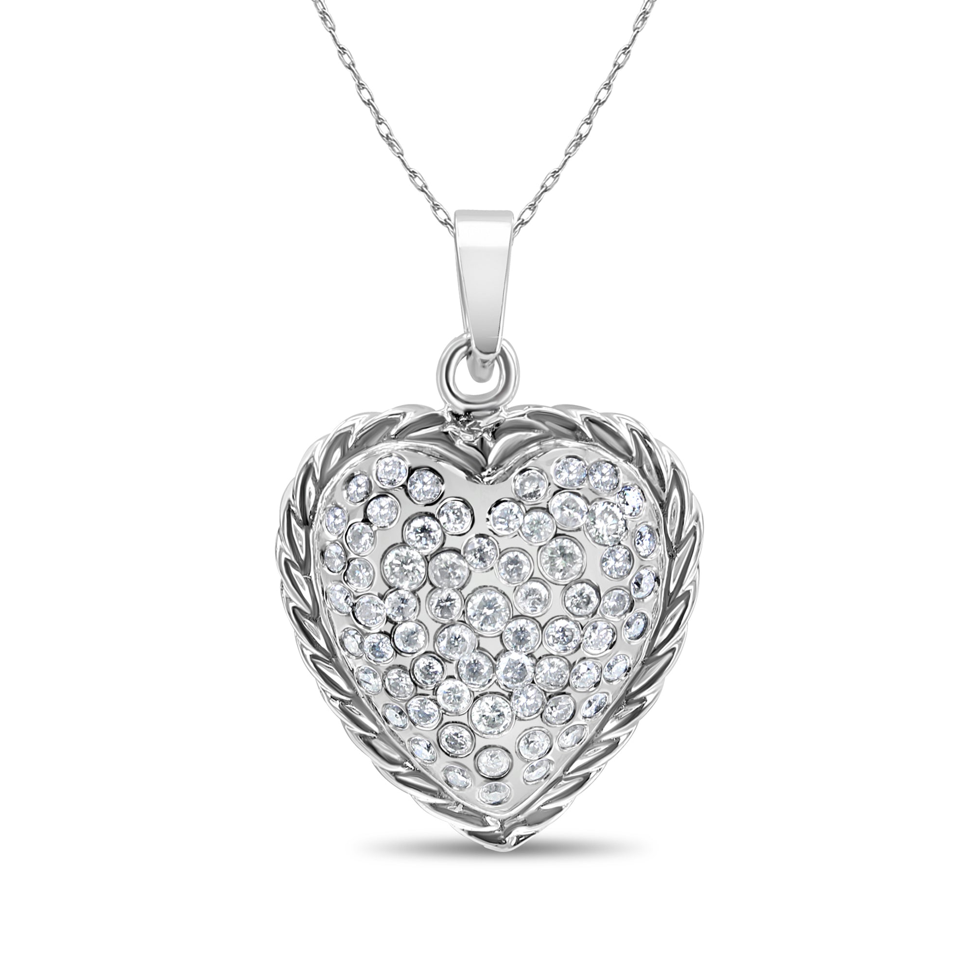 1.30cttw Diamond Heart Pendant with Rope Trim in 14k White Gold - Elegant Jewelry Gift for Women, Perfect for Anniversaries & Valentine's Day